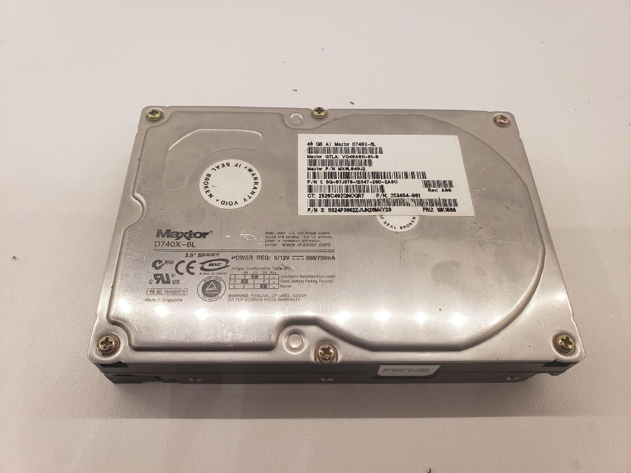 MAXTOR D740X-6L 40GB IDE HD REV A00 20GB 3.5 INCH HARD DRIVE REV:A00 VQ20A492-01-N VQ20A011-01-B REV: GTLA: 01-M A9305 TESTED ONCE AND AGAIN BEFORE SHIPPED