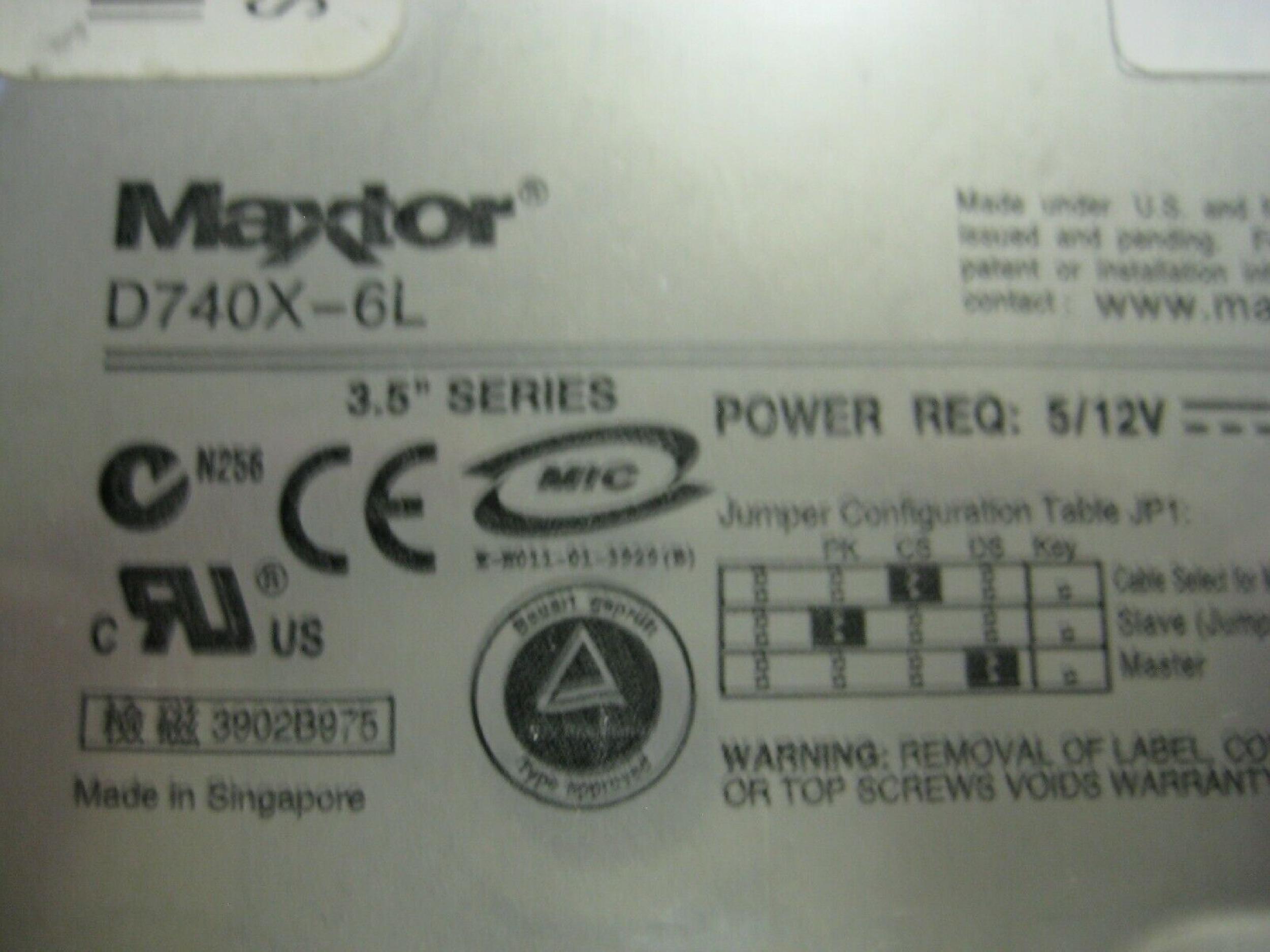 MAXTOR D740X-6L 40GB IDE HD REV A00 20GB 3.5 INCH HARD DRIVE REV:A00 VQ20A492-01-N VQ20A011-01-B REV: GTLA: 01-M A9305 TESTED ONCE AND AGAIN BEFORE SHIPPED
