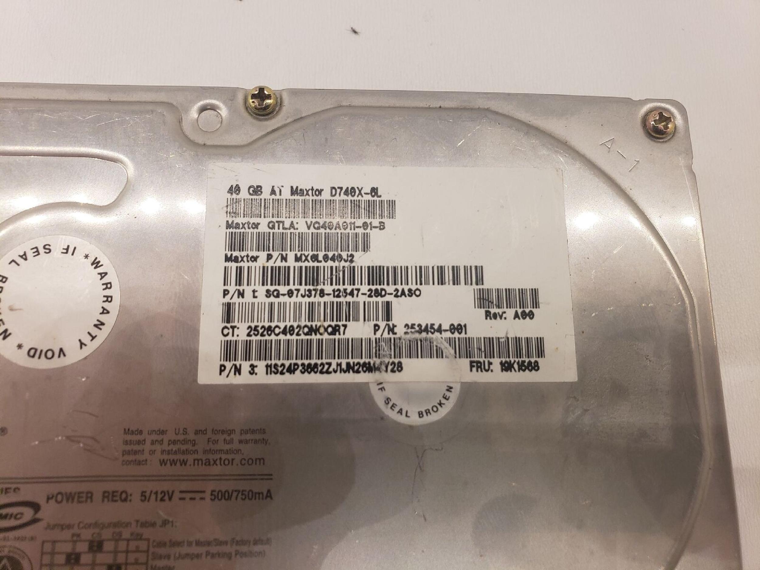 MAXTOR D740X-6L 40GB IDE HD REV A00 20GB 3.5 INCH HARD DRIVE REV:A00 VQ20A492-01-N VQ20A011-01-B REV: GTLA: 01-M A9305 TESTED ONCE AND AGAIN BEFORE SHIPPED