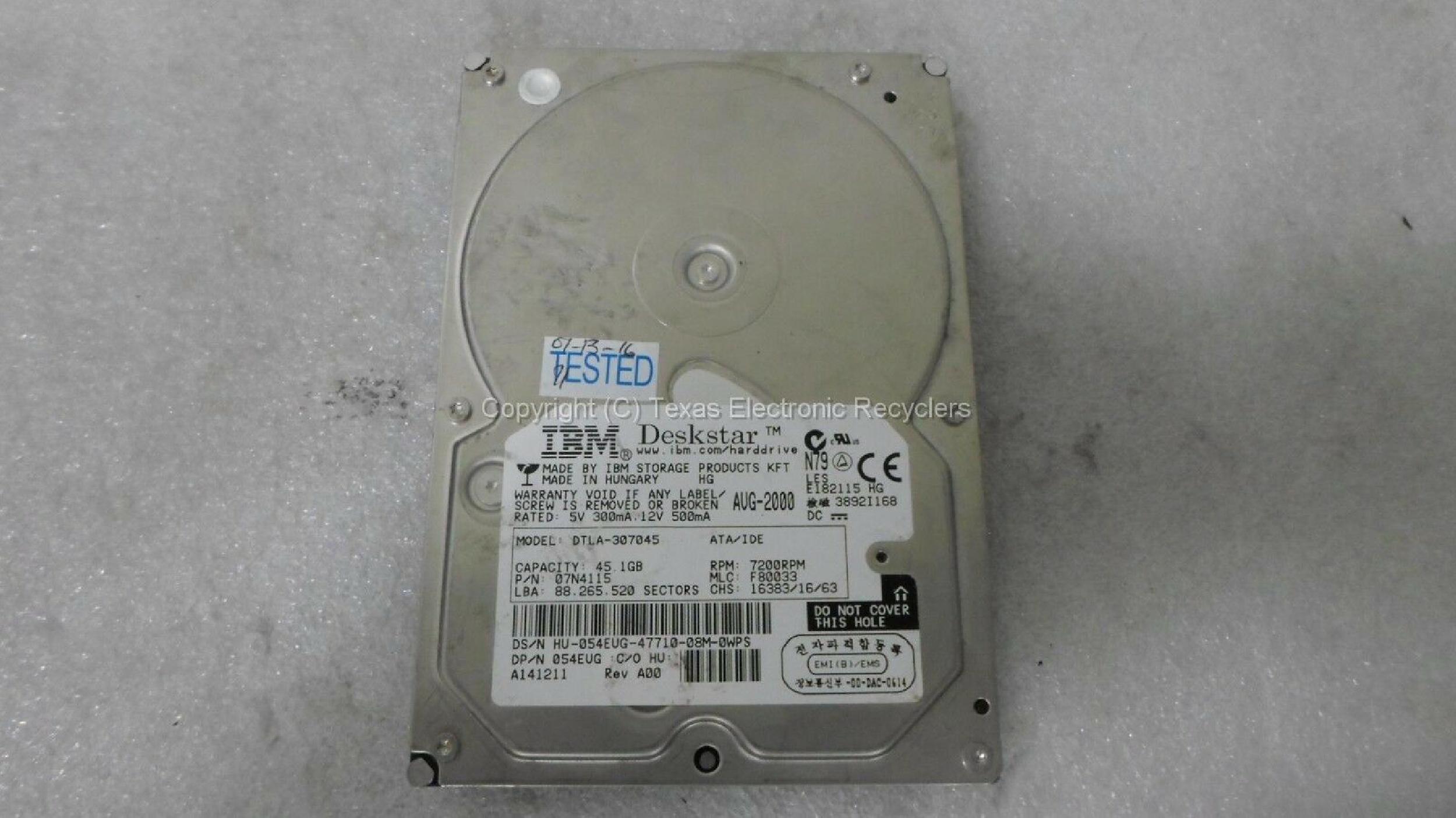 IBM DTLA-307045 40GB IDE HD DATE JUL-2000 MLC F80033 DRIVE 7200RPM