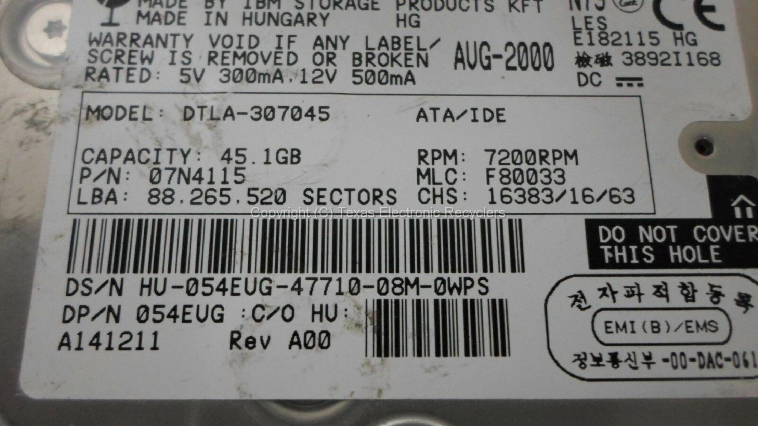 IBM DTLA-307045 40GB IDE HD DATE JUL-2000 MLC F80033 DRIVE 7200RPM