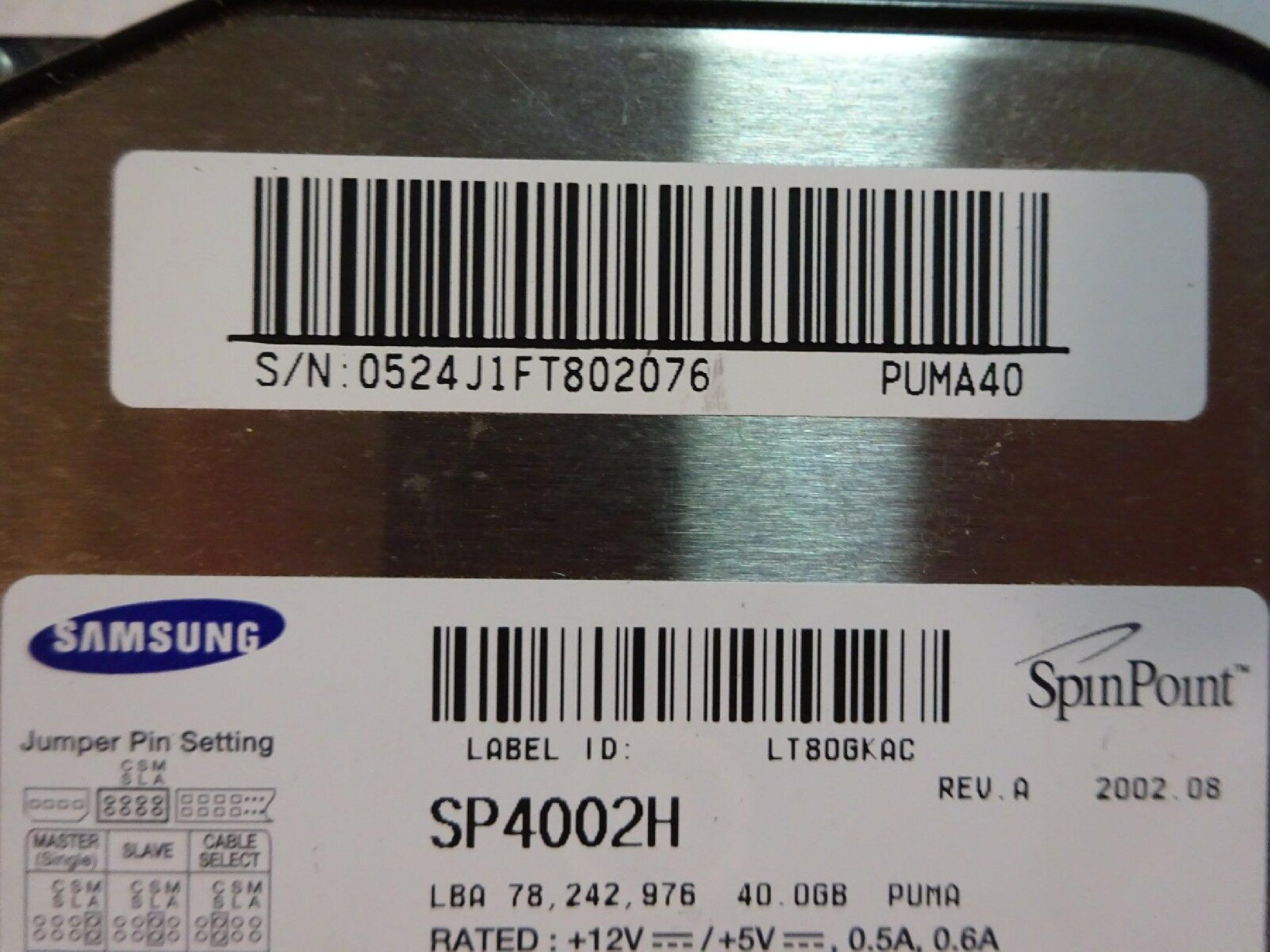 SAMSUNG SP4002H 40GB IDE HD DATE 2002.02 REV A PUMA