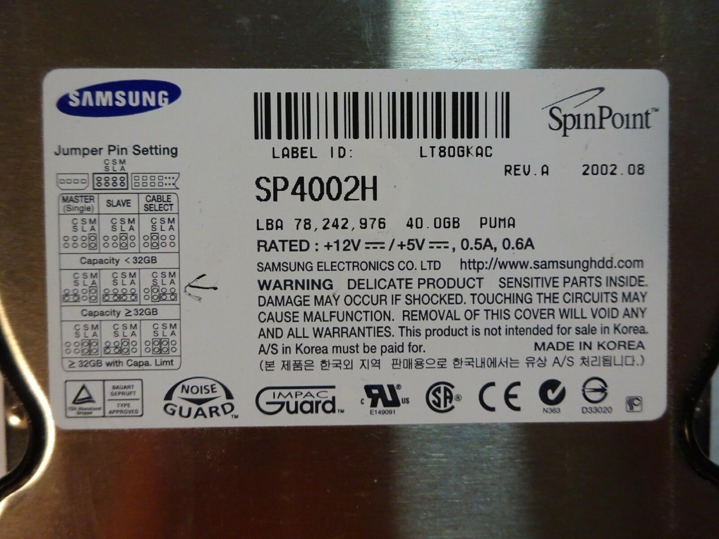 SAMSUNG SP4002H 40GB IDE HD DATE 2002.02 REV A PUMA