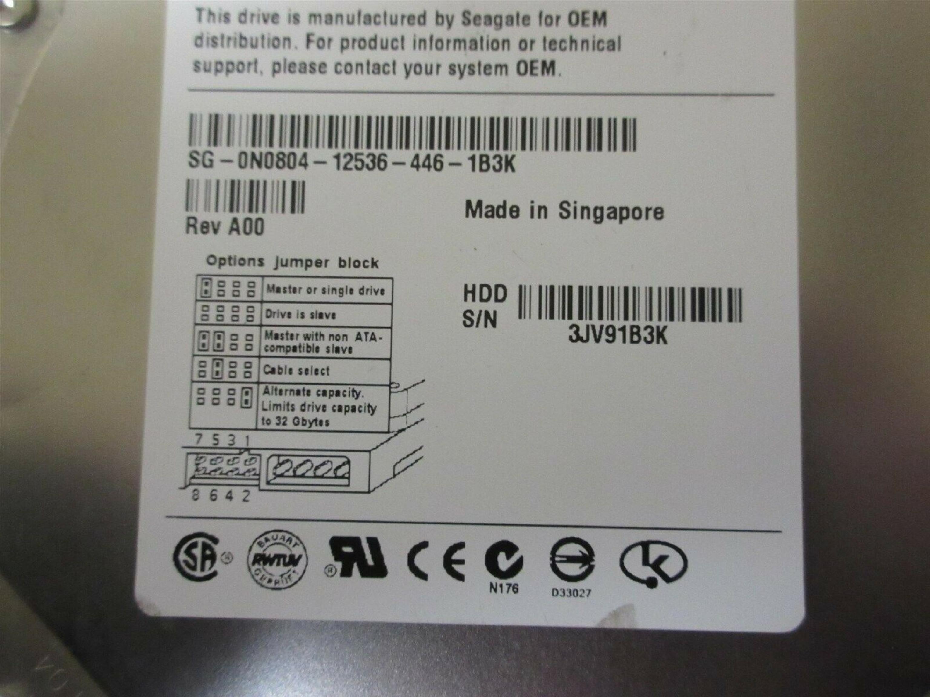 SEAGATE ST380011A 80GB IDE HD CONFIG DZR-06 FIRMWARE 3.10 DATE 04527 SITE WU BARRACUDA D8C-01 8.16 05073 AMK REV A00