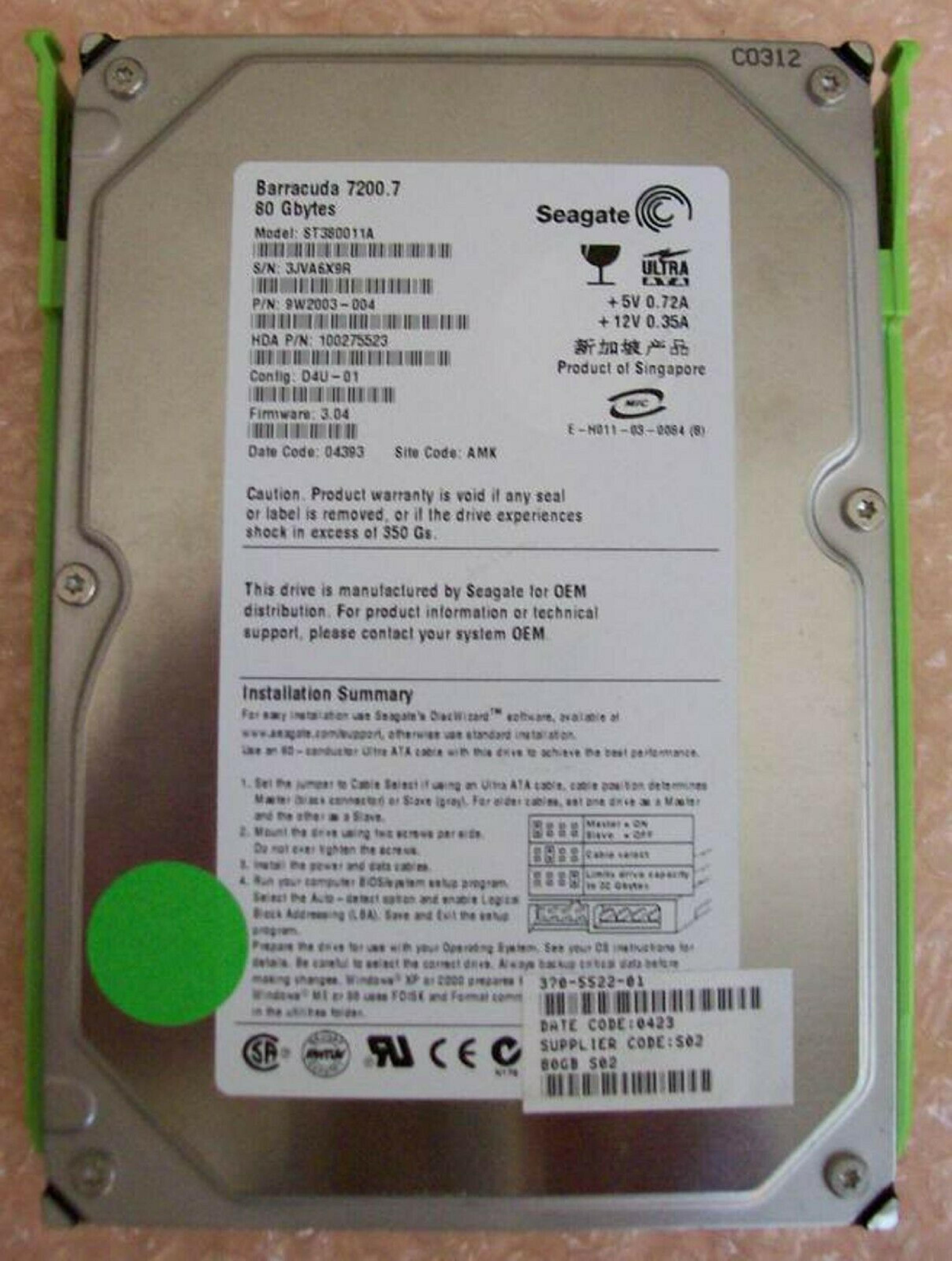 SEAGATE ST380011A 80GB IDE HD CONFIG DZR-06 FIRMWARE 3.10 DATE 04527 SITE WU BARRACUDA D8C-01 8.16 05073 AMK REV A00