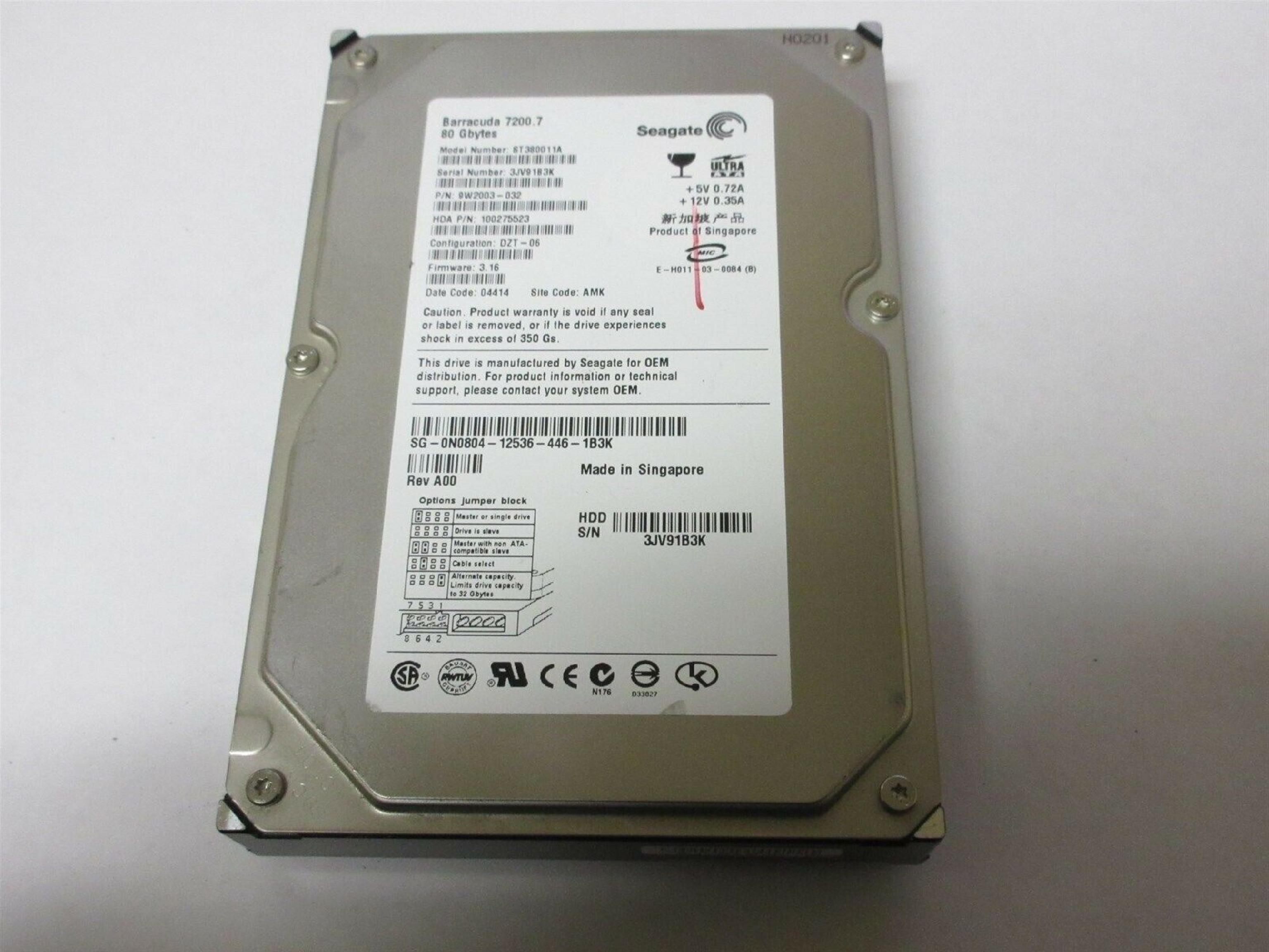 SEAGATE ST380011A 80GB IDE HD CONFIG DZR-06 FIRMWARE 3.10 DATE 04527 SITE WU BARRACUDA D8C-01 8.16 05073 AMK REV A00