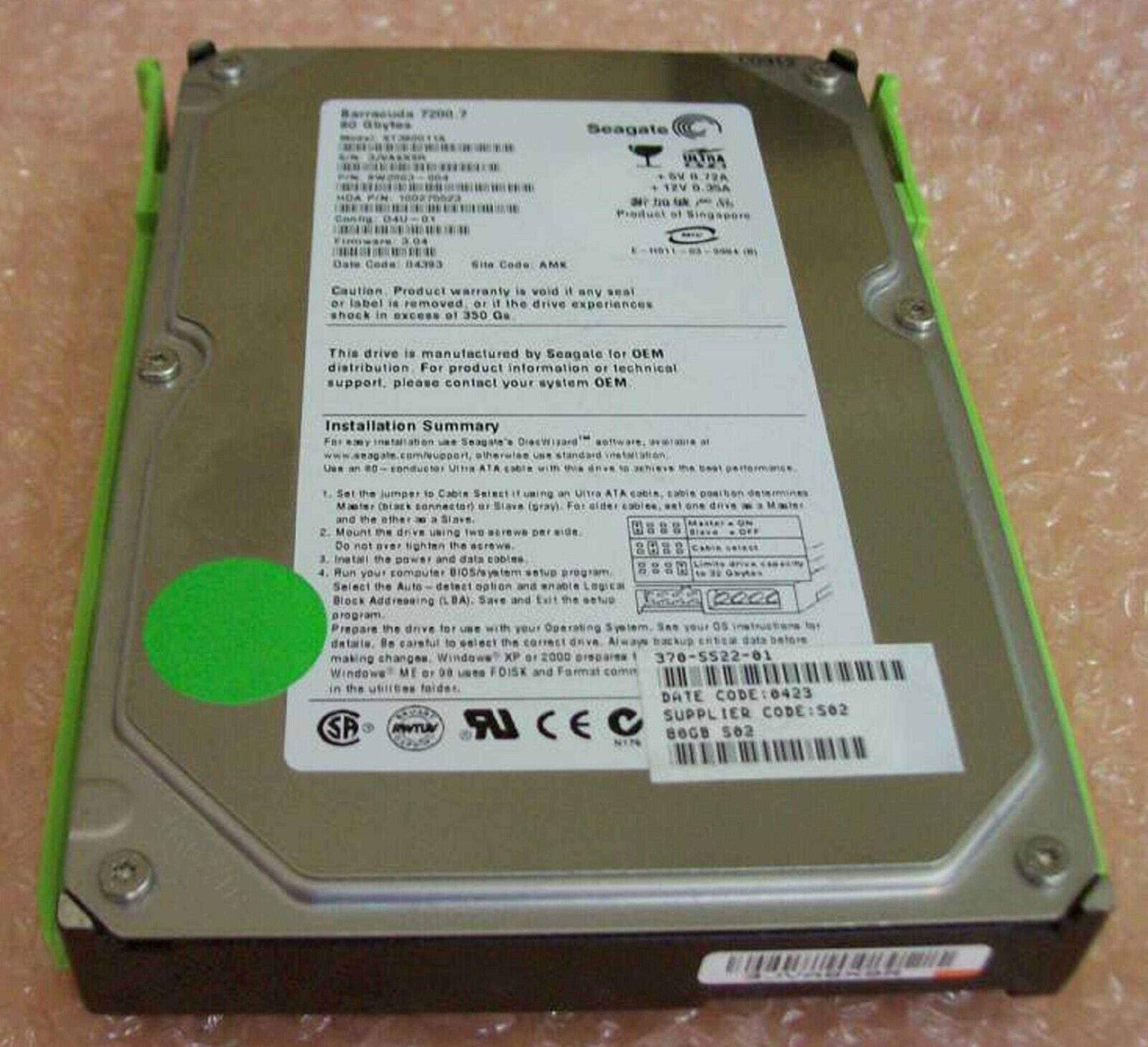 SEAGATE ST380011A 80GB IDE HD CONFIG DZR-06 FIRMWARE 3.10 DATE 04527 SITE WU BARRACUDA D8C-01 8.16 05073 AMK REV A00