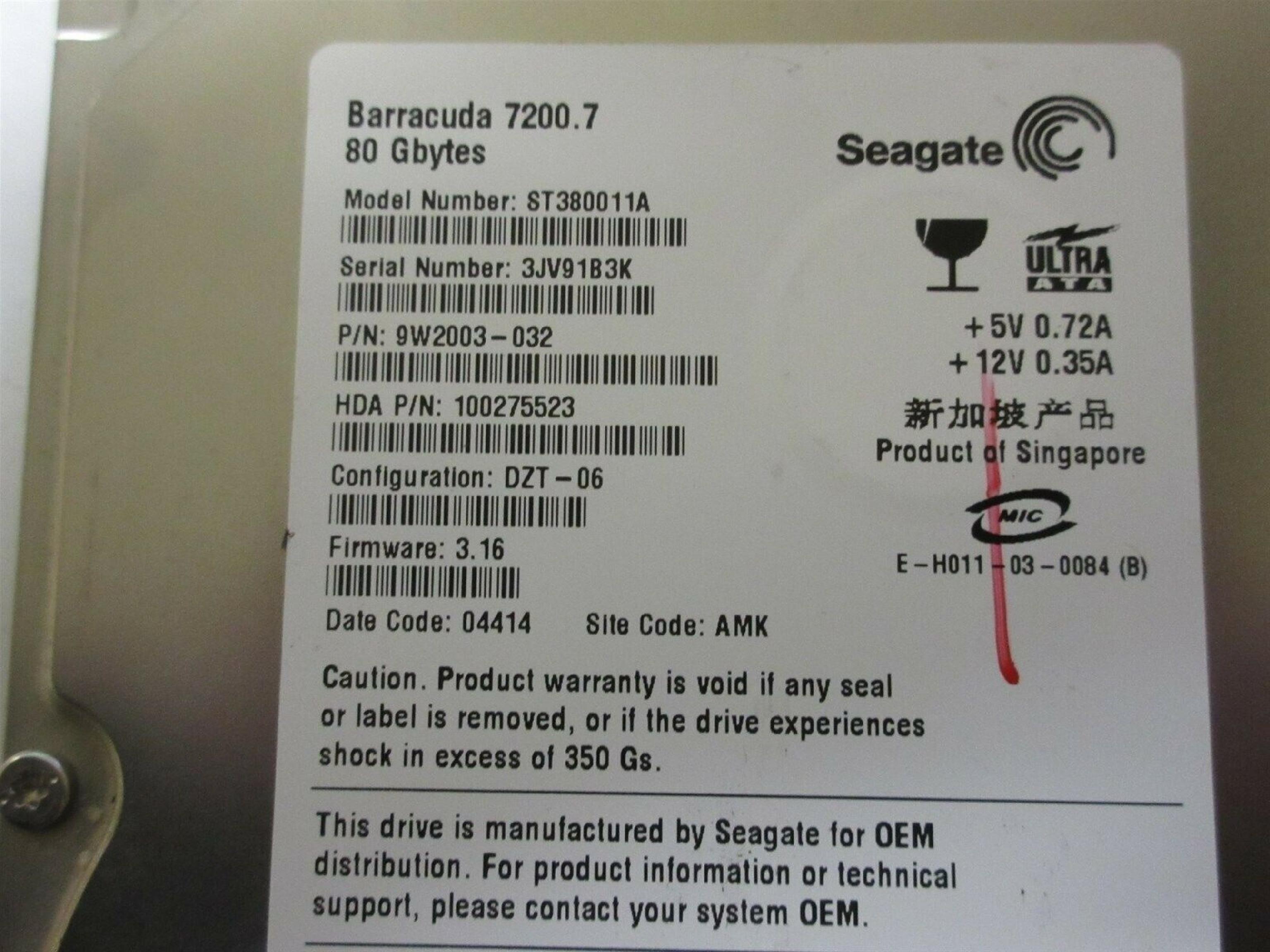 SEAGATE ST380011A 80GB IDE HD CONFIG DZR-06 FIRMWARE 3.10 DATE 04527 SITE WU BARRACUDA D8C-01 8.16 05073 AMK REV A00