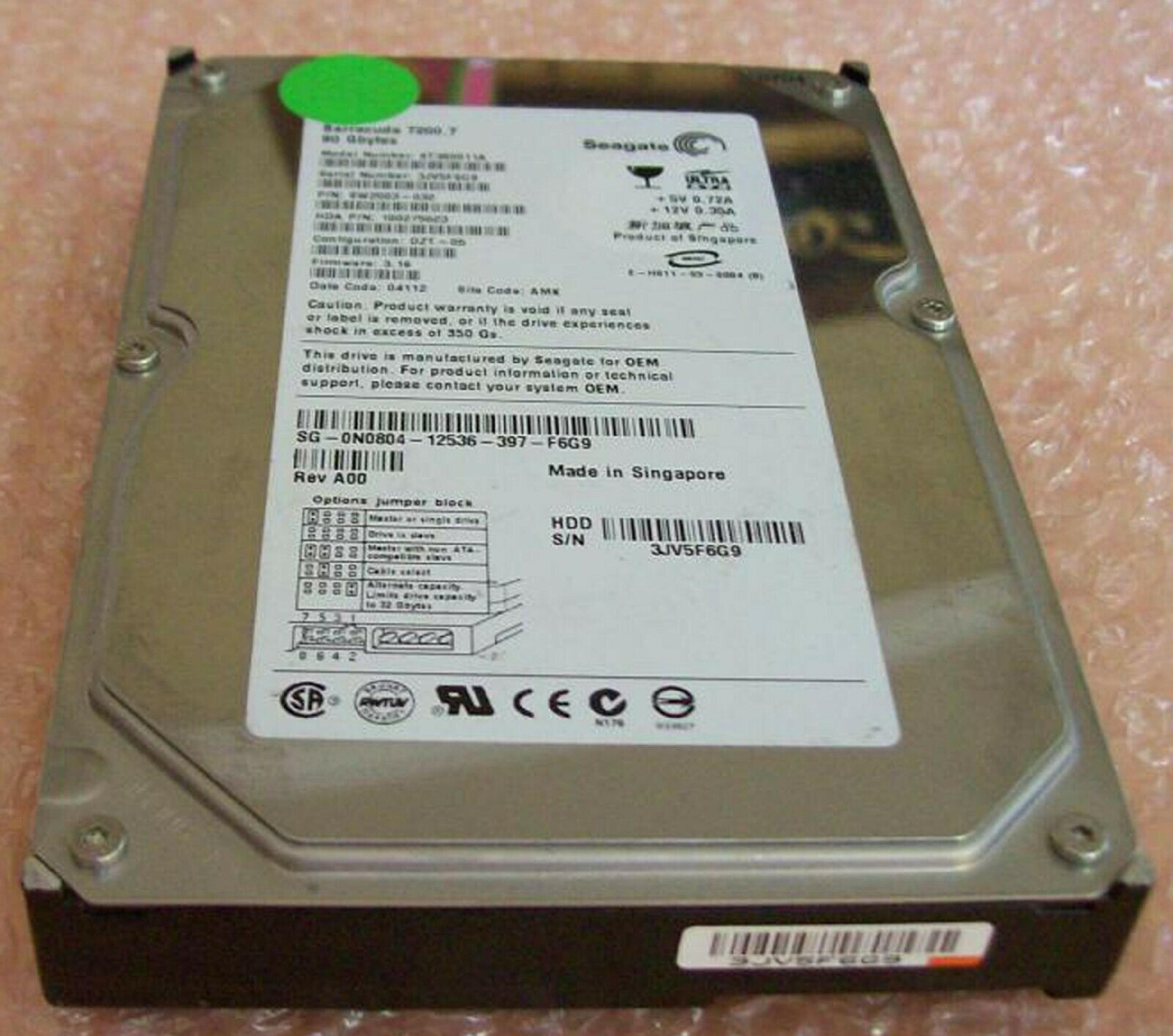 SEAGATE ST380011A 80GB IDE HD CONFIG DZR-06 FIRMWARE 3.10 DATE 04527 SITE WU BARRACUDA D8C-01 8.16 05073 AMK REV A00