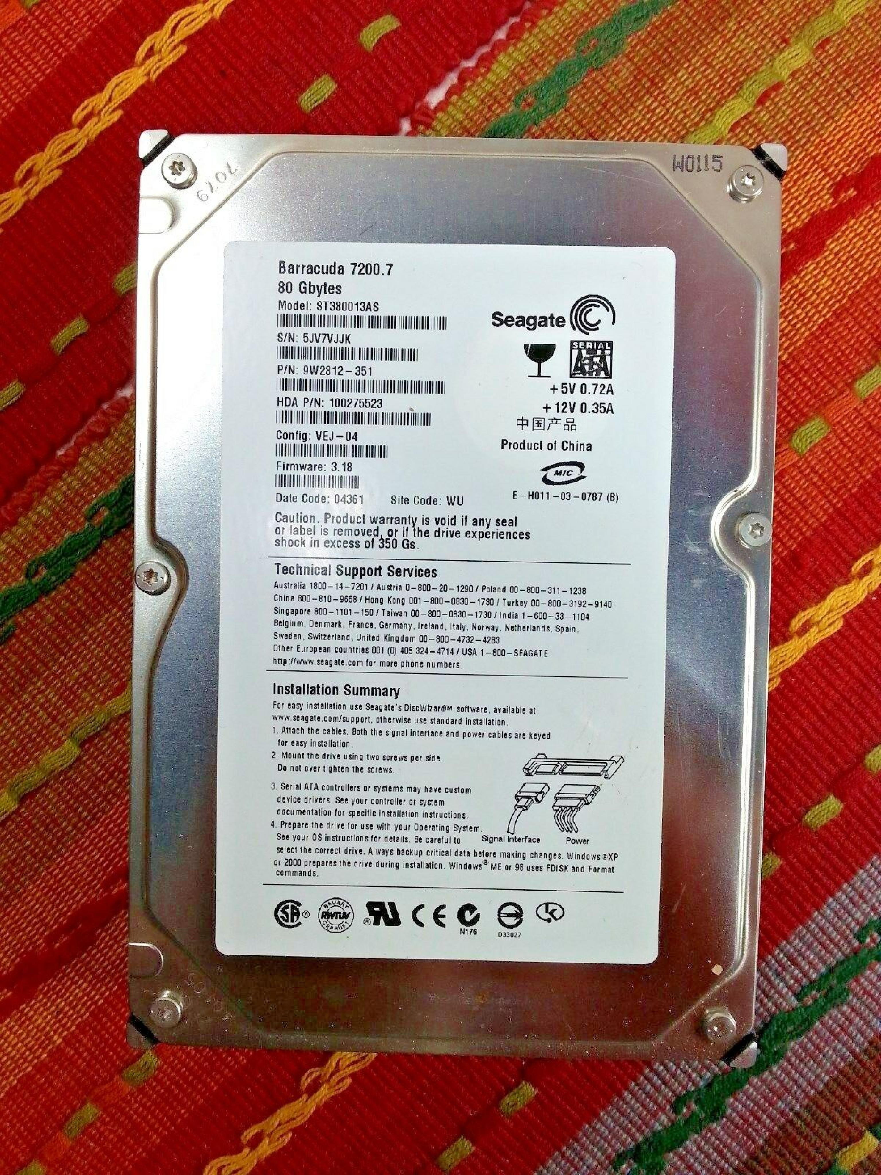 SEAGATE 100275523 80GB IDE HD CONFIG DZR-06 FIRMWARE 3.10 DATE 04527 SITE WU BARRACUDA