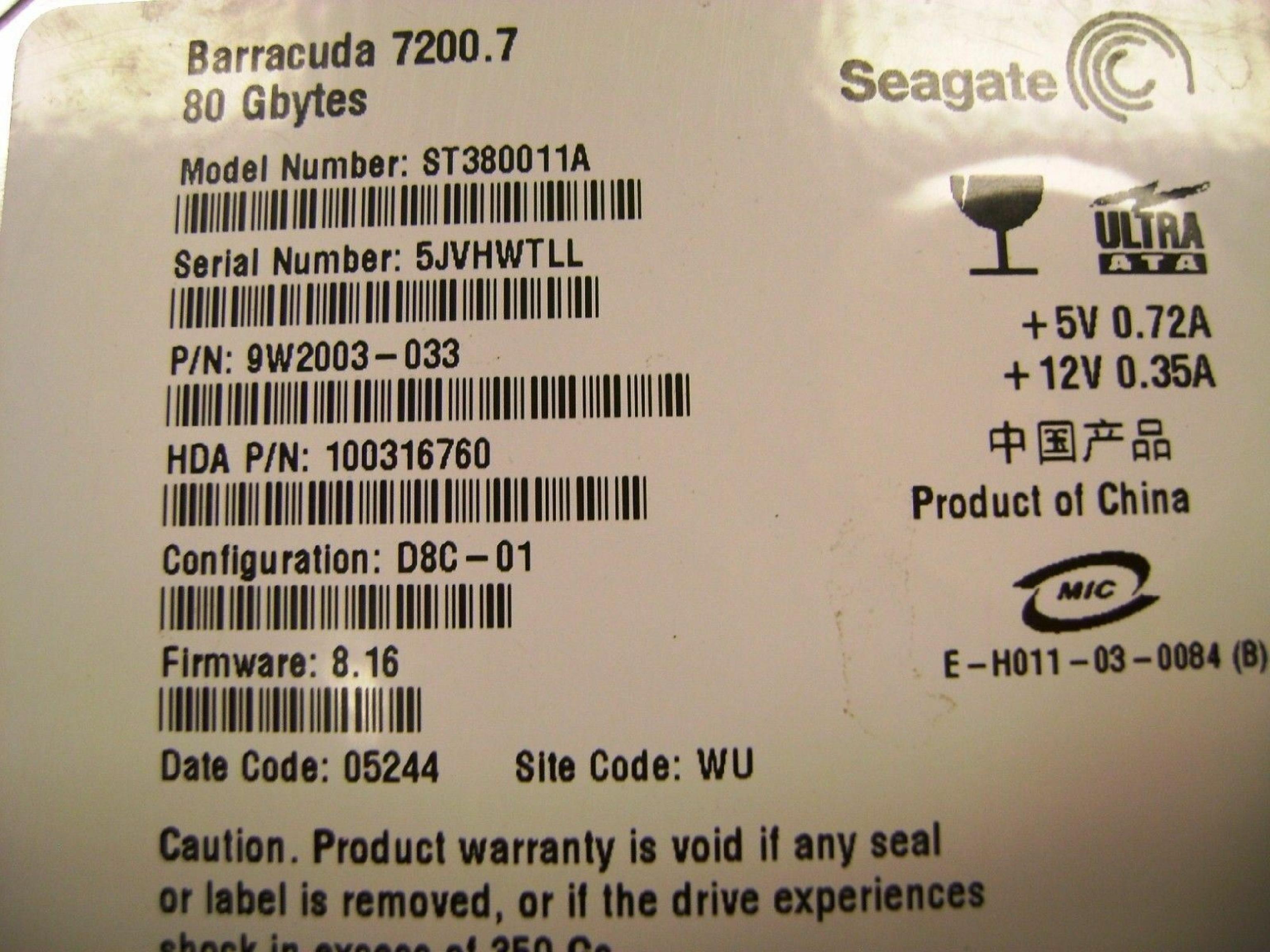 SEAGATE 0P5333 80GB IDE HD CONFIG D8C-01 FIRMWARE 8.16 DATE 05073 SITE AMK REV A00 BARRACUDA