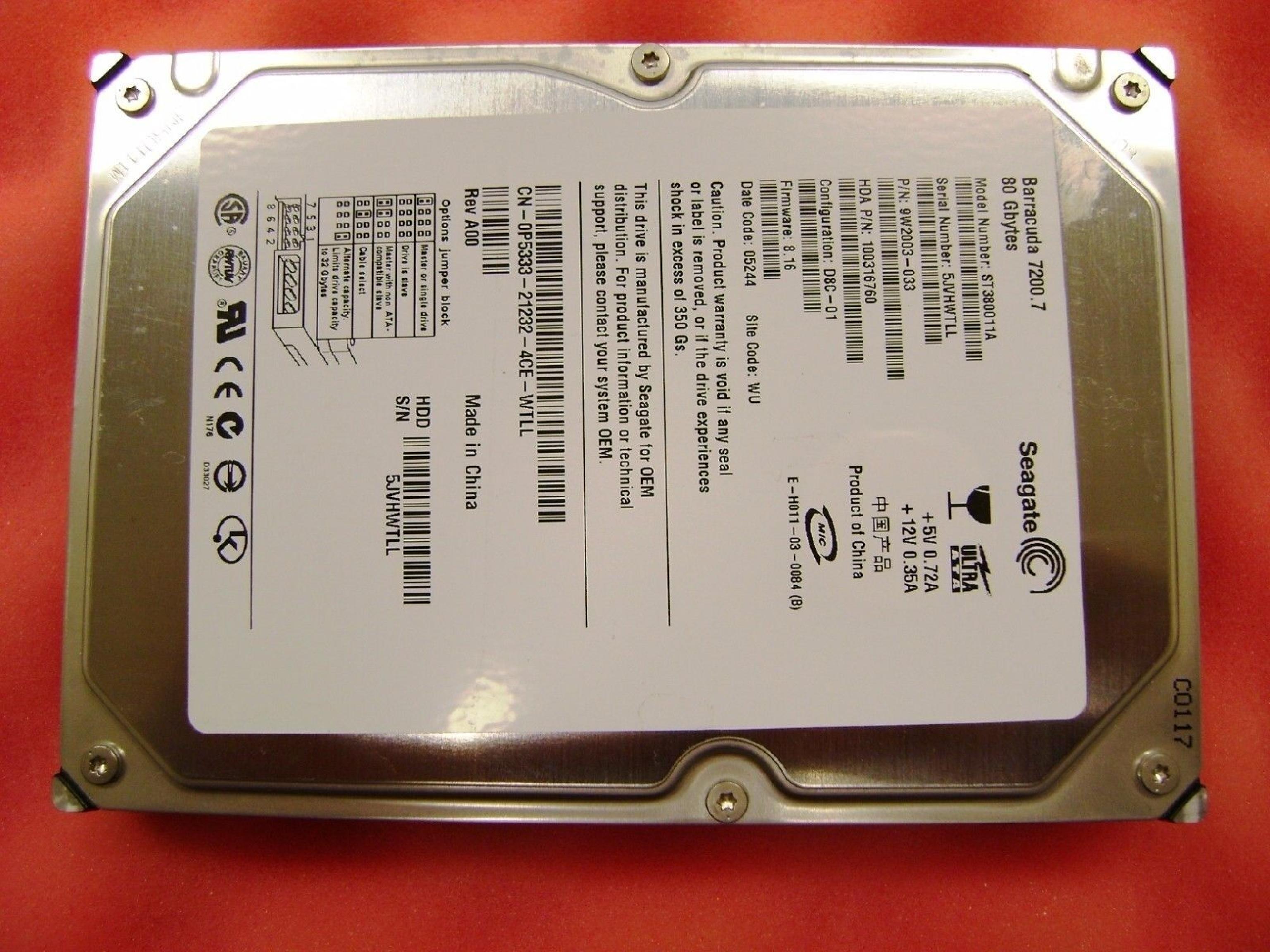 SEAGATE 0P5333 80GB IDE HD CONFIG D8C-01 FIRMWARE 8.16 DATE 05073 SITE AMK REV A00 BARRACUDA