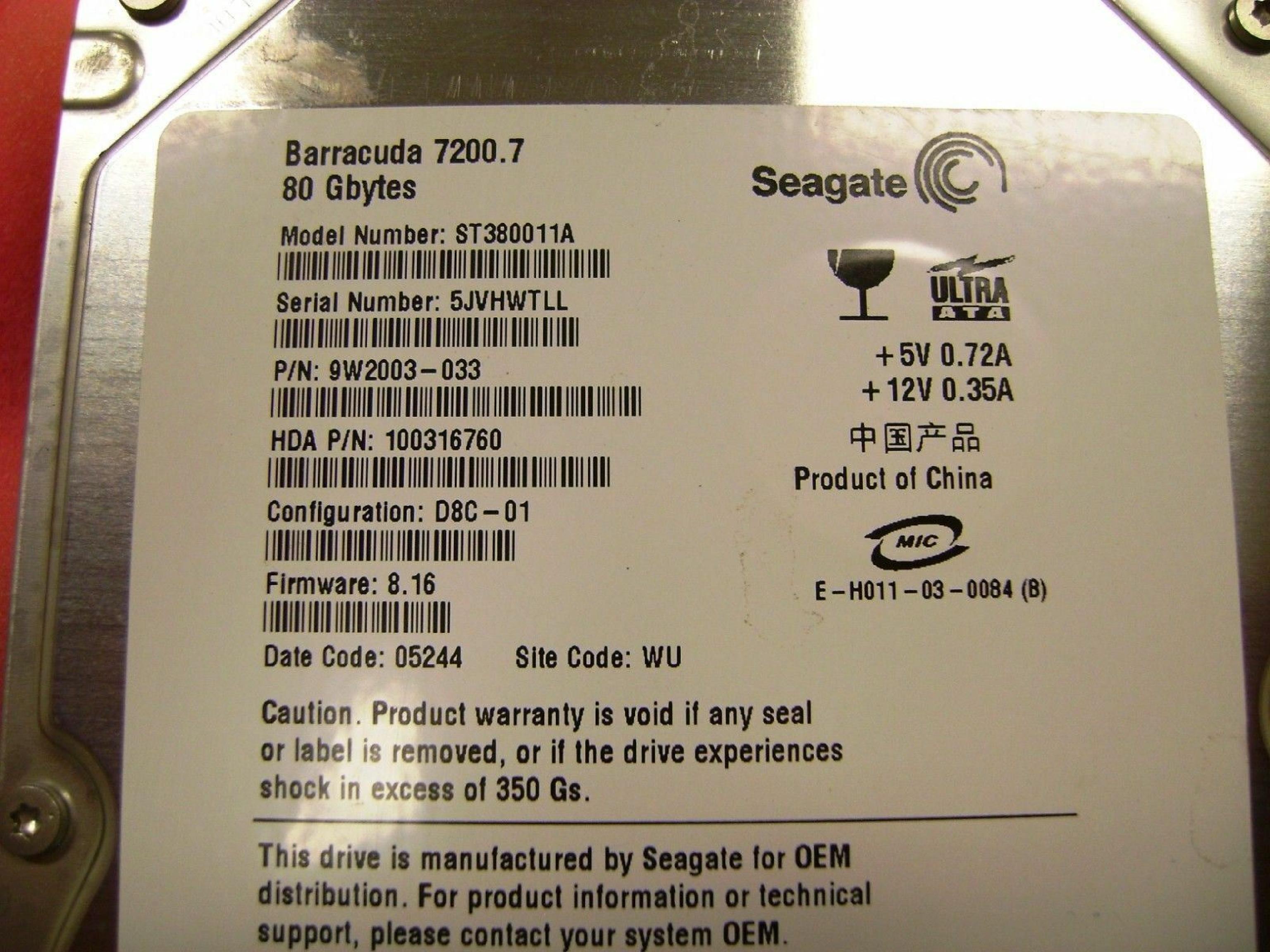 SEAGATE 0P5333 80GB IDE HD CONFIG D8C-01 FIRMWARE 8.16 DATE 05073 SITE AMK REV A00 BARRACUDA