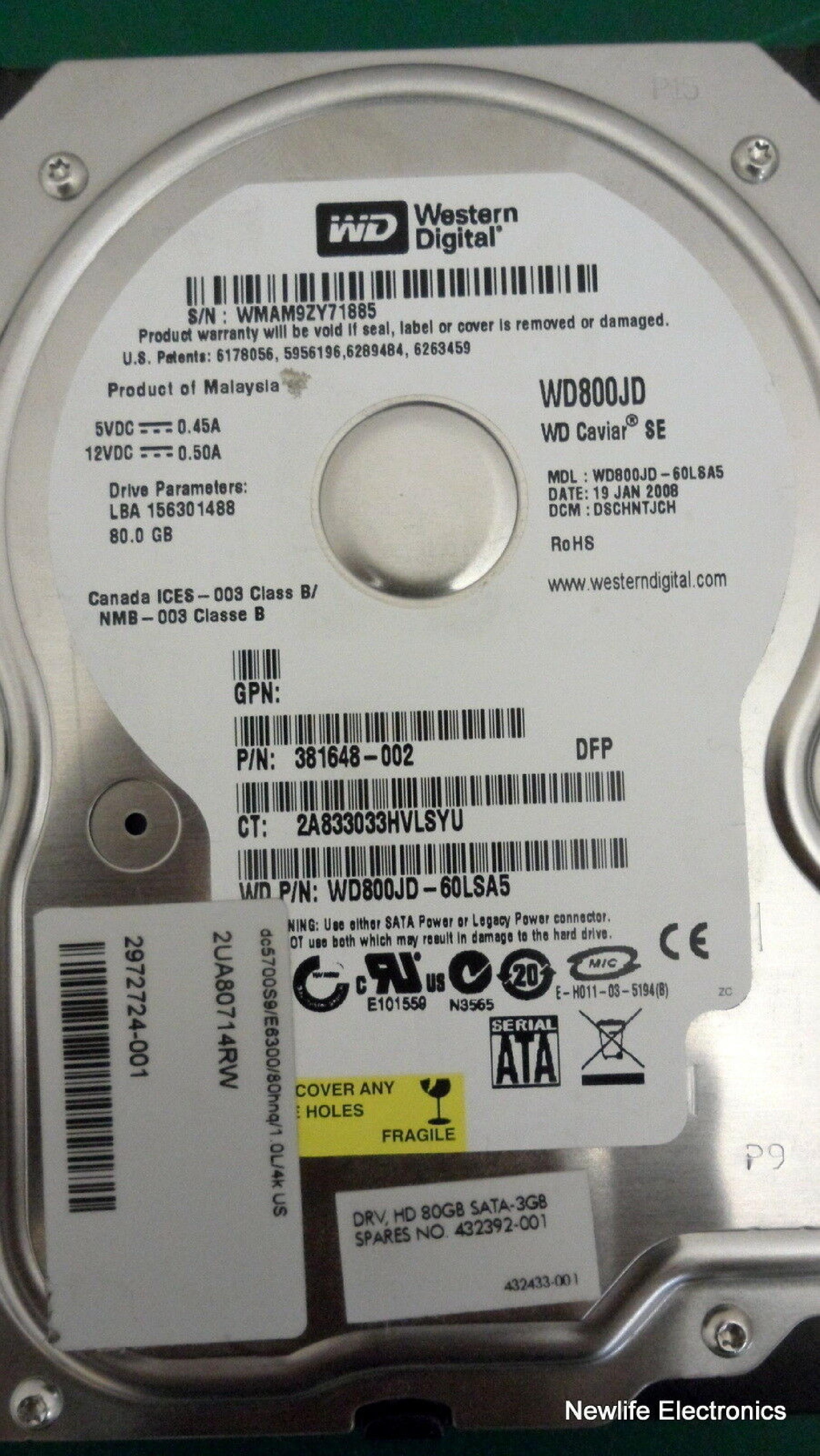 WESTERN DIGITAL / WD 432392-001 80GB SATA HD DATE 25 JAN 2008 DCM HSCANTJCA CAVIAR SE