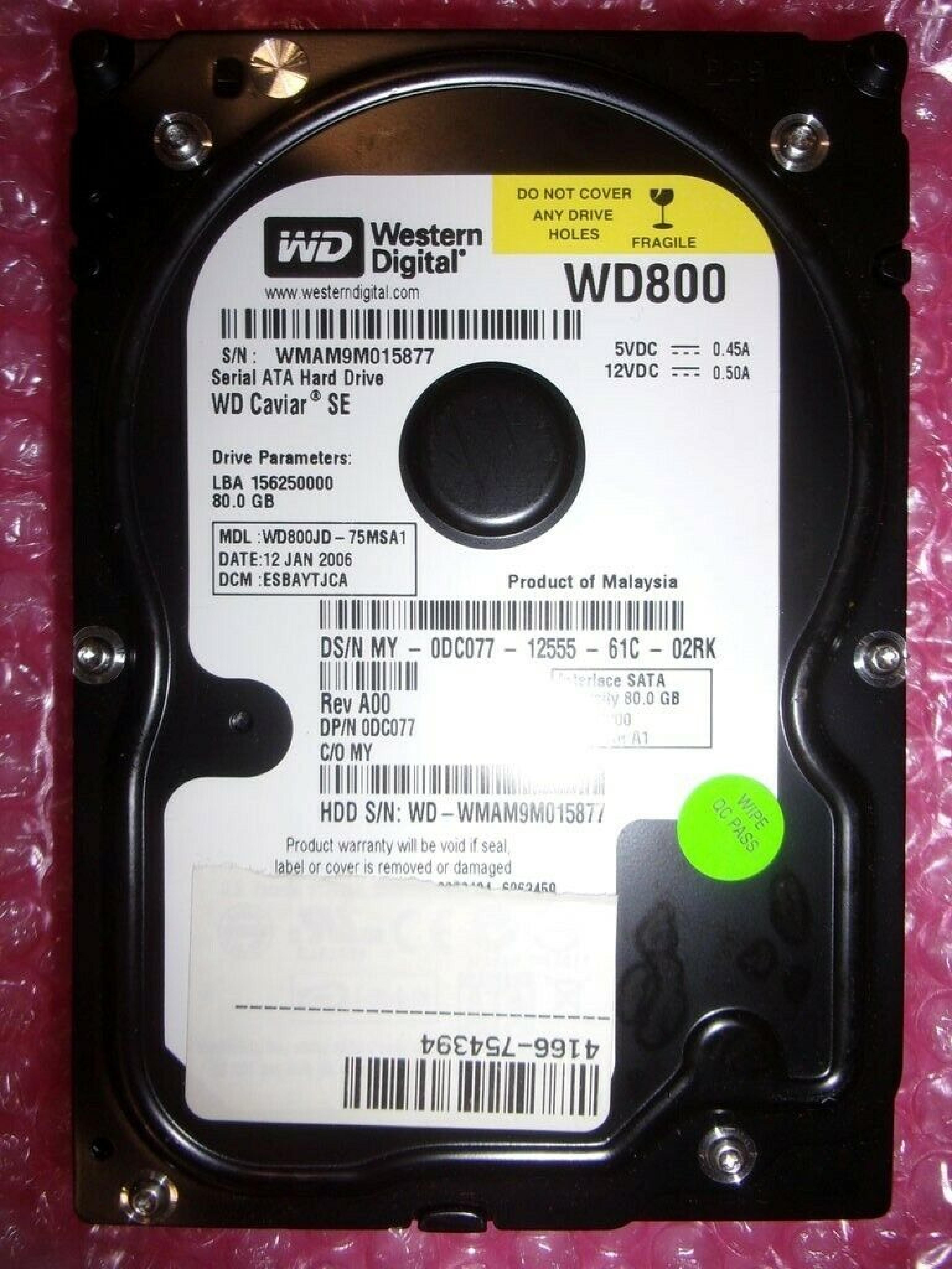 WESTERN DIGITAL / WD WD800JD-75MSA1 80GB SATA HD DATE 26 FEB 2006 DCM HSCAYTJCA REV A00 FIRMWARE A1 CAVIAR SE HSCHYTJCA HSCHYTJCH 09 DEC 2005 17 DSBANTJCH DSBANTJCA