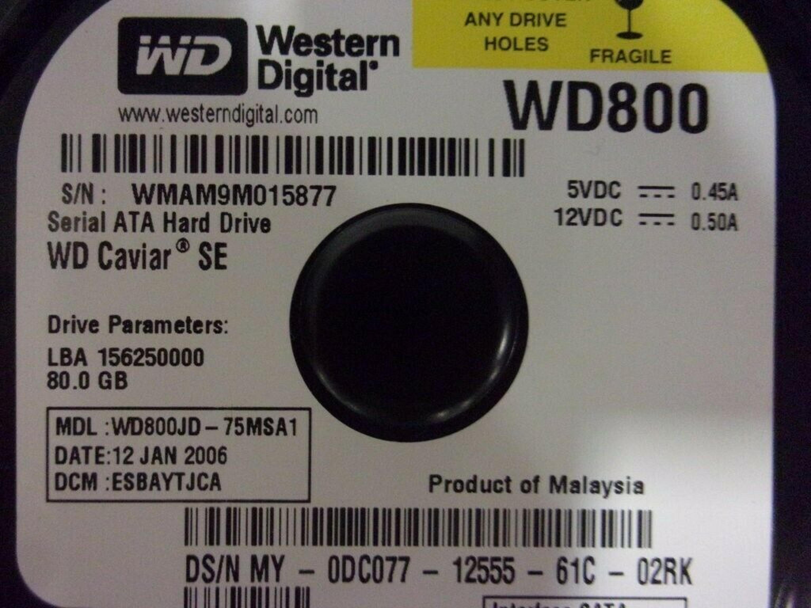 WESTERN DIGITAL / WD WD800JD-75MSA1 80GB SATA HD DATE 26 FEB 2006 DCM HSCAYTJCA REV A00 FIRMWARE A1 CAVIAR SE HSCHYTJCA HSCHYTJCH 09 DEC 2005 17 DSBANTJCH DSBANTJCA