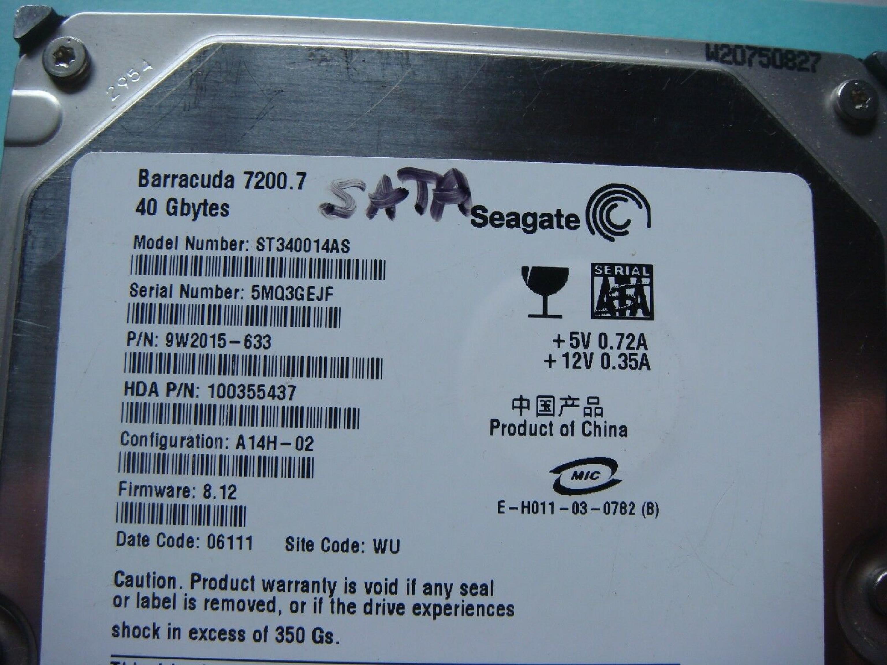 SEAGATE ST340014AS 40GB SATA SITE WU BARRACUDA HD CONFIG C3X-06 FIRMWARE 8.12 DATE 05397 REV A00 A14H-02 06111 05323 A12H-02 06112 06092