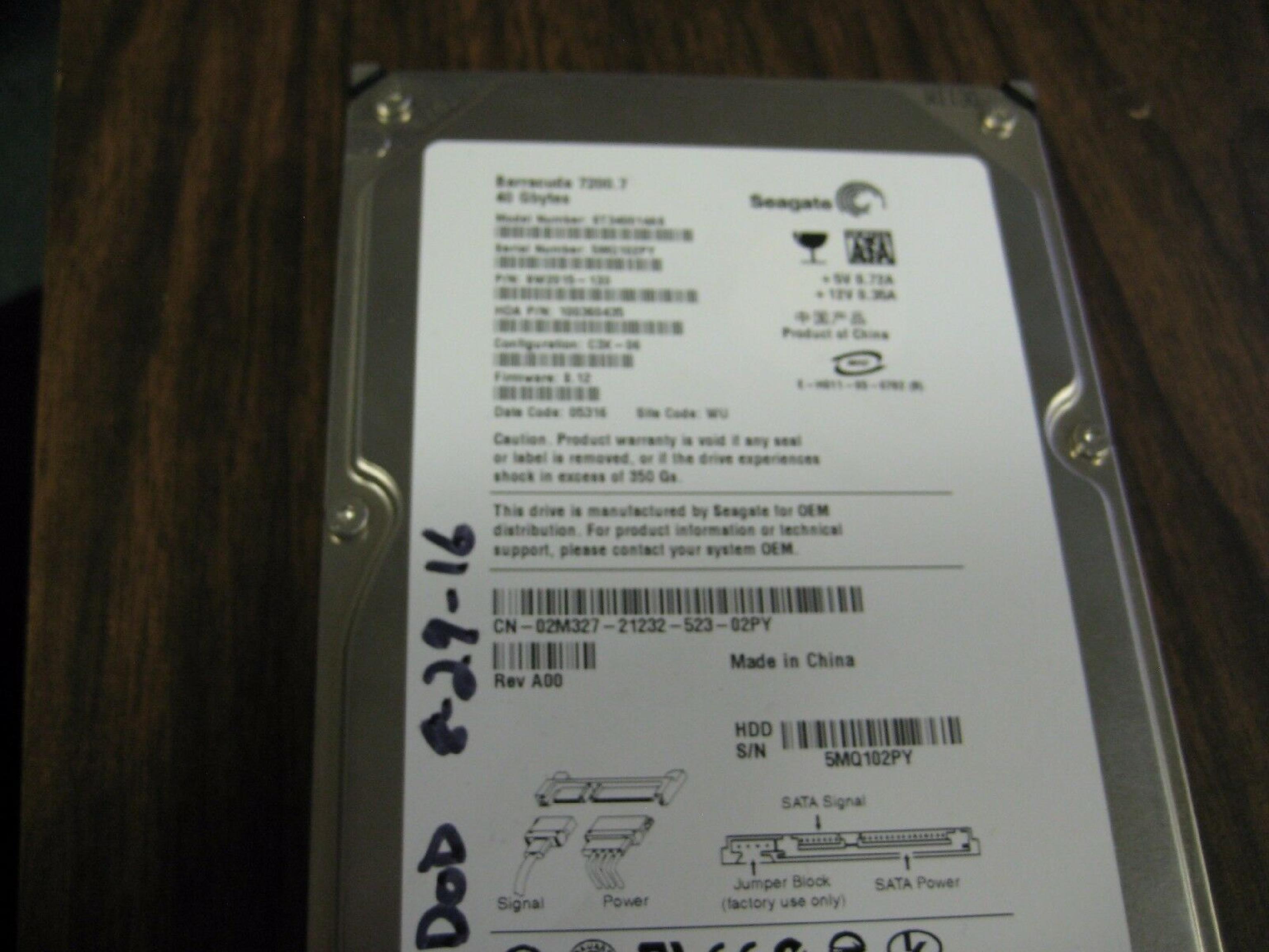 SEAGATE ST340014AS 40GB SATA SITE WU BARRACUDA HD CONFIG C3X-06 FIRMWARE 8.12 DATE 05397 REV A00 A14H-02 06111 05323 A12H-02 06112 06092