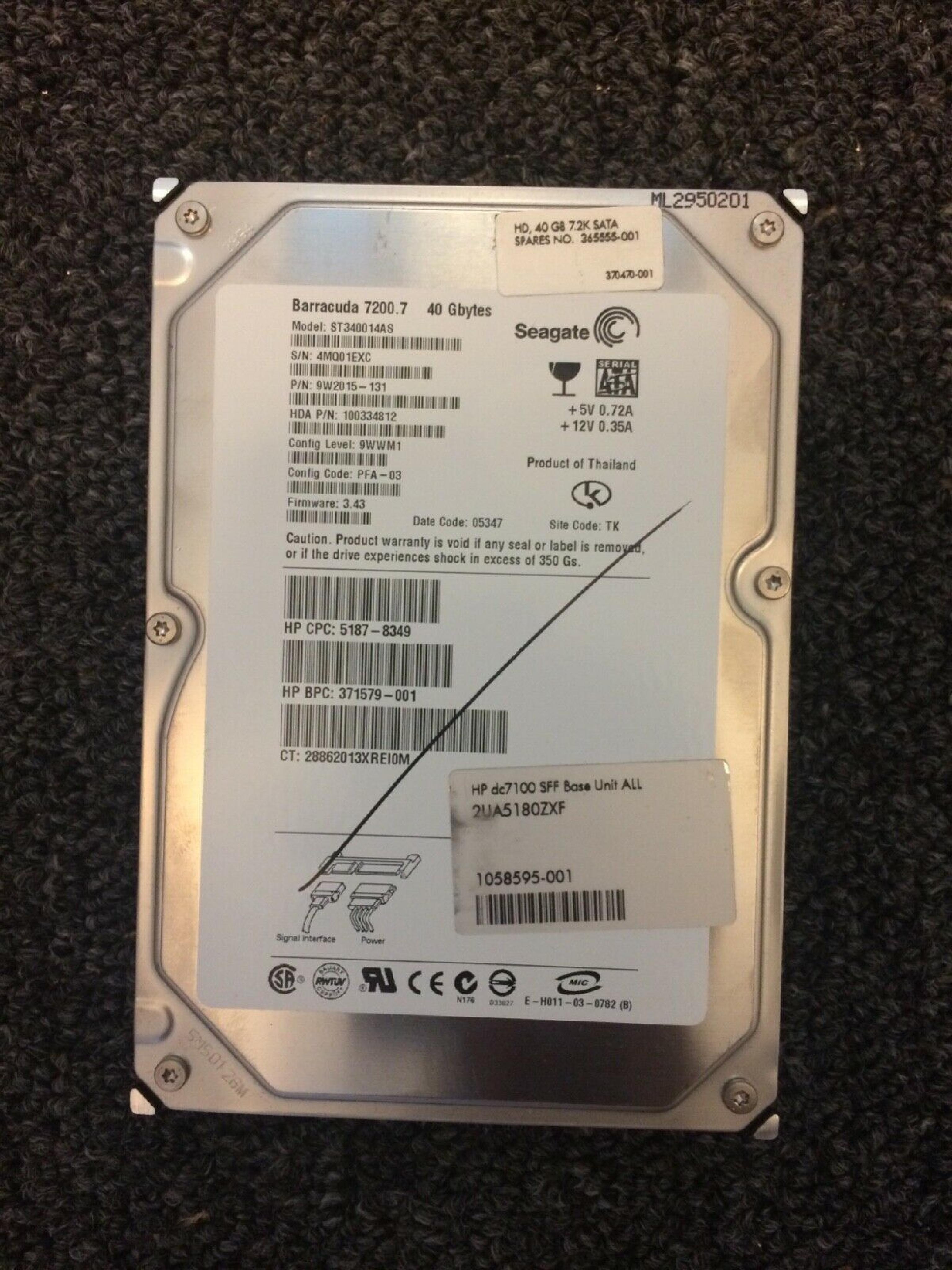 SEAGATE ST340014AS 40GB SATA SITE WU BARRACUDA HD CONFIG C3X-06 FIRMWARE 8.12 DATE 05397 REV A00 A14H-02 06111 05323 A12H-02 06112 06092