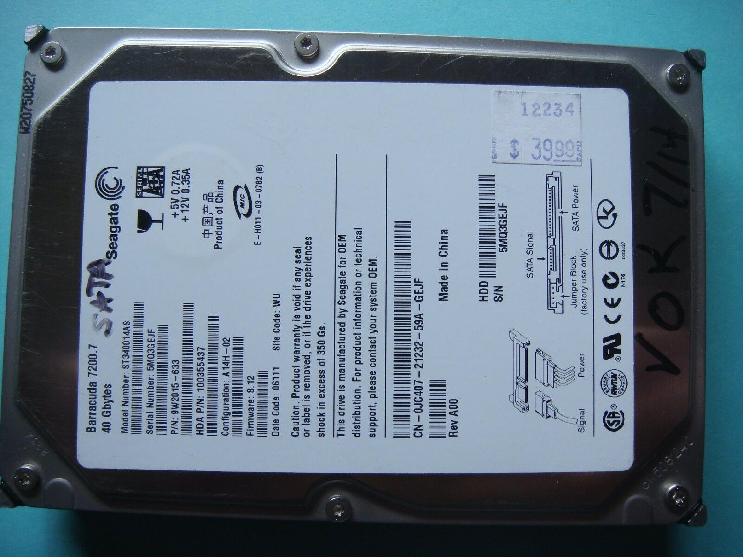 SEAGATE ST340014AS 40GB SATA SITE WU BARRACUDA HD CONFIG C3X-06 FIRMWARE 8.12 DATE 05397 REV A00 A14H-02 06111 05323 A12H-02 06112 06092