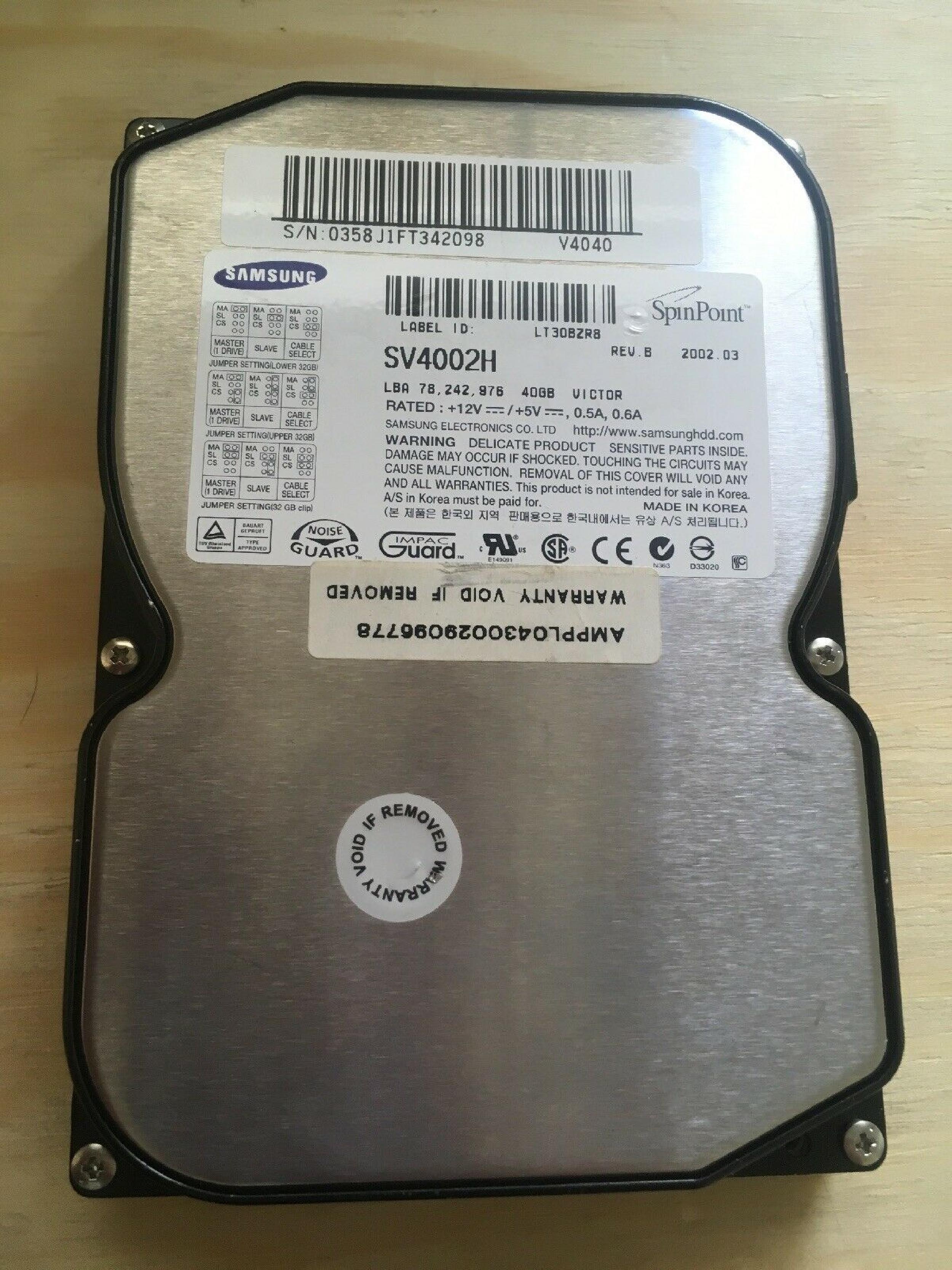 SAMSUNG SV4002H 40GB IDE HD REV A F/W 100-06 DATE 2001.10