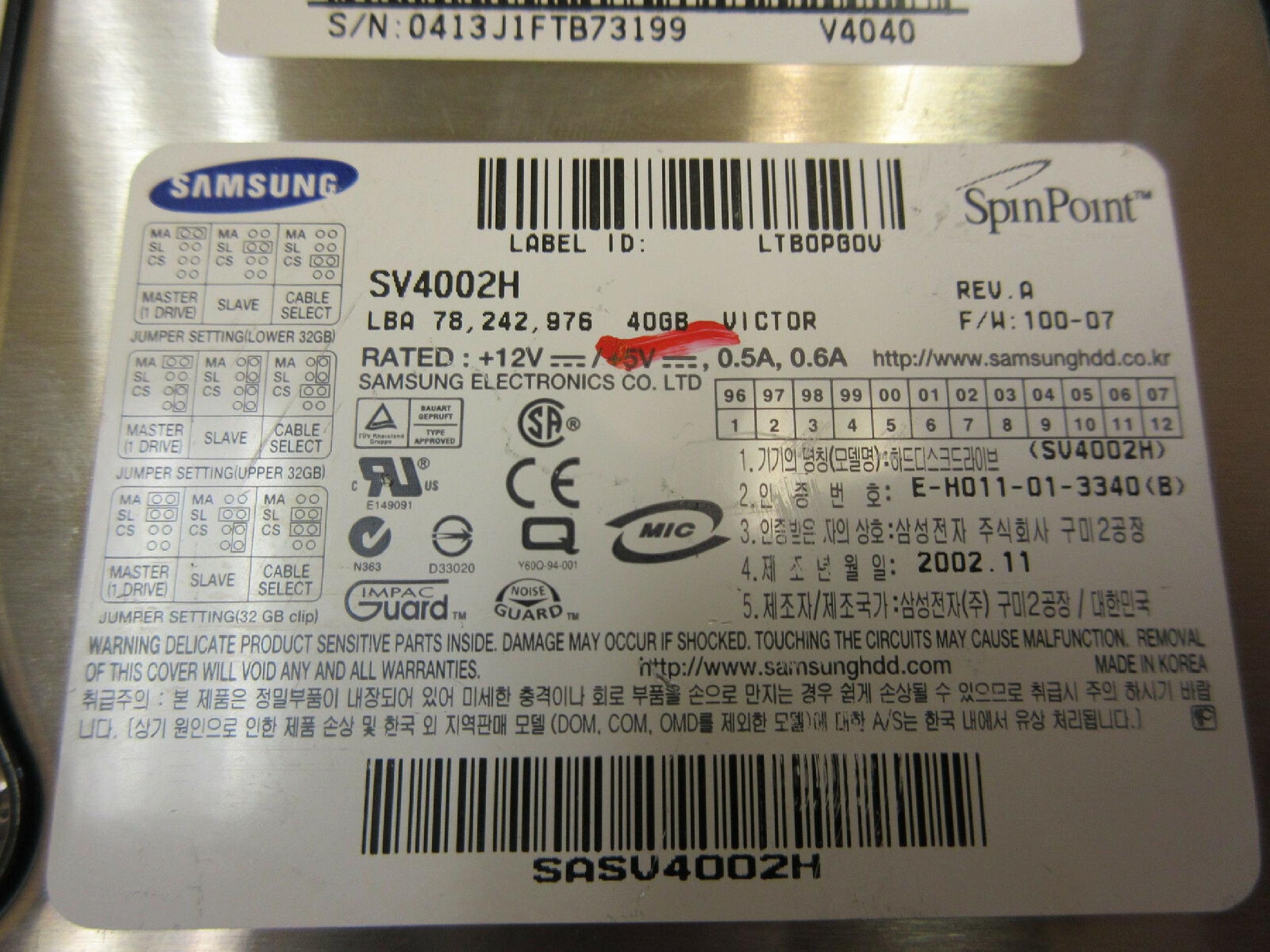 SAMSUNG SV4002H 40GB IDE HD REV A F/W 100-06 DATE 2001.10