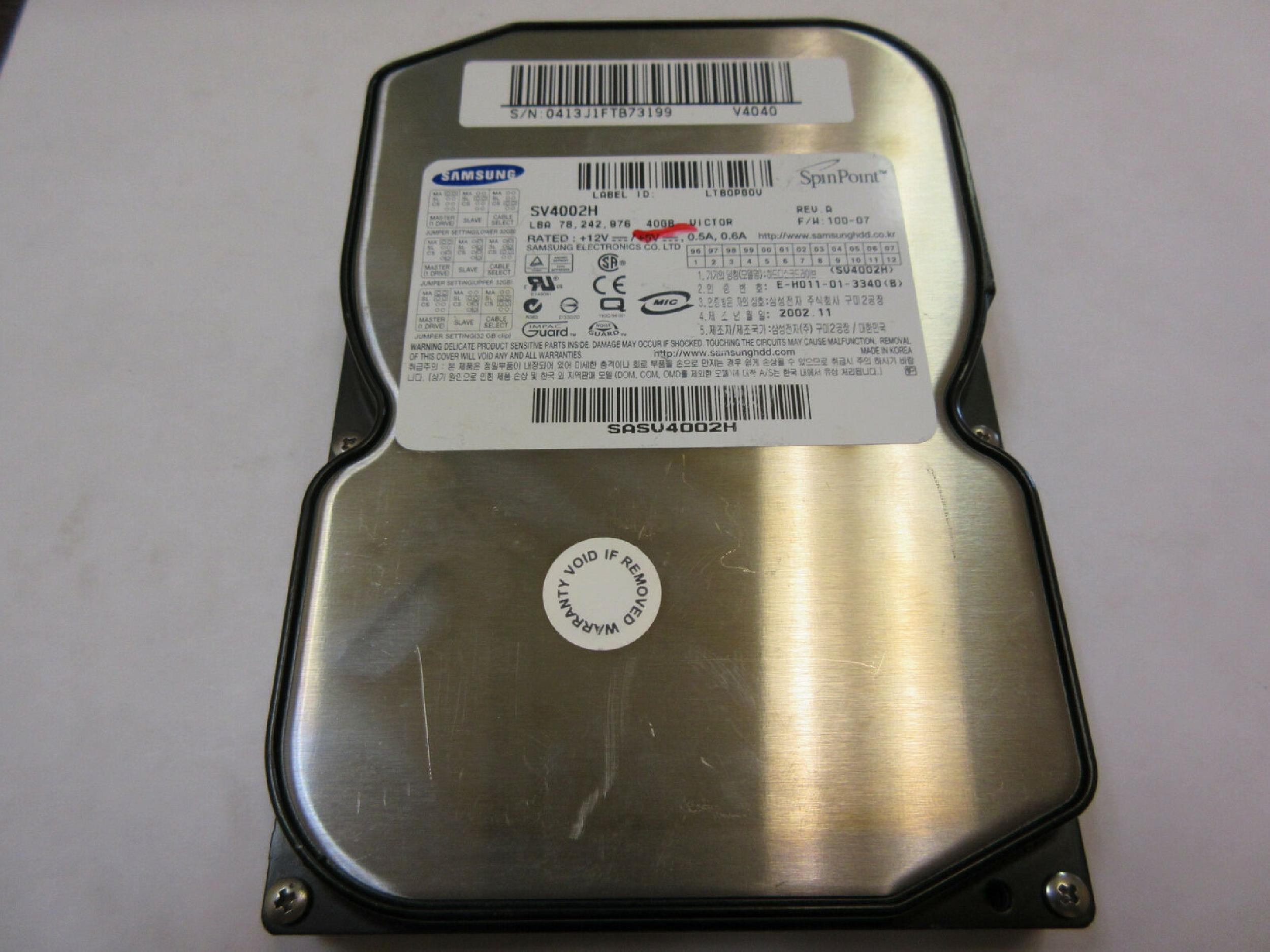 SAMSUNG SV4002H 40GB IDE HD REV A F/W 100-06 DATE 2001.10