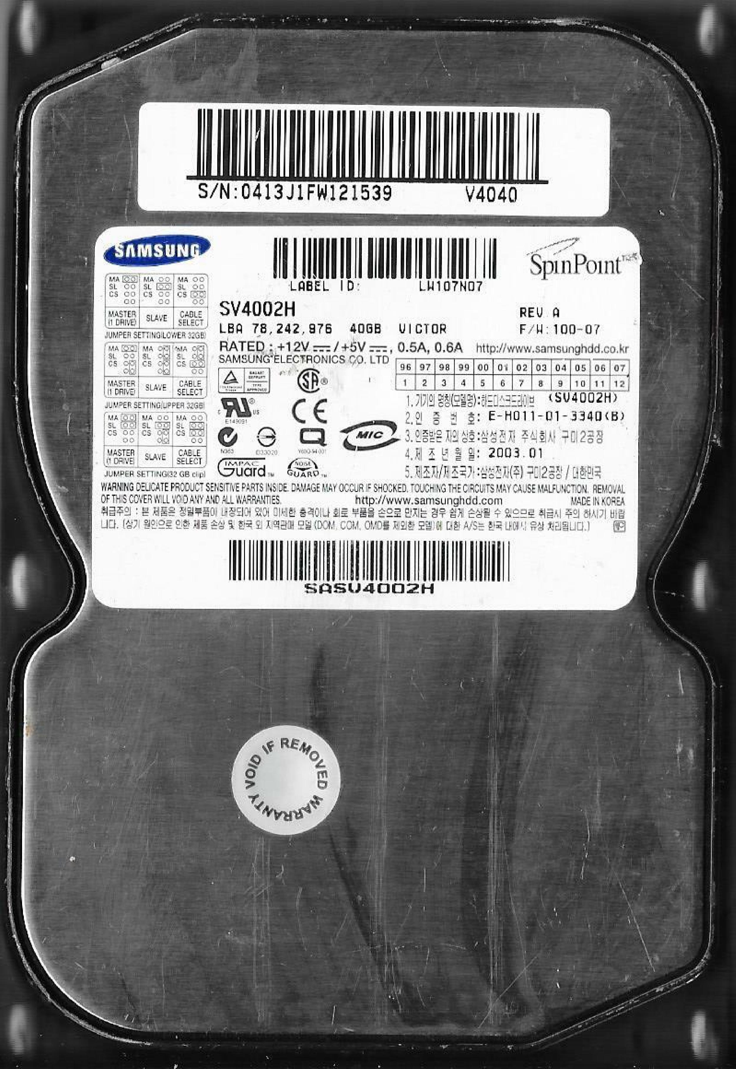 SAMSUNG V4040 40GB IDE HD REV A F/W 100-06 DATE 2001.10
