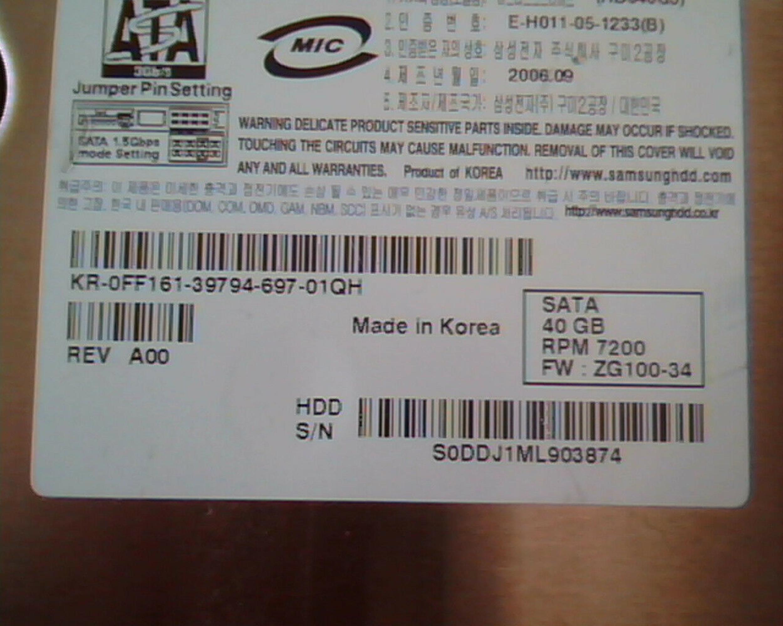SAMSUNG ZG100-34 40GB SATA HD REV A F/W ZG100-34 DATE 2006.06