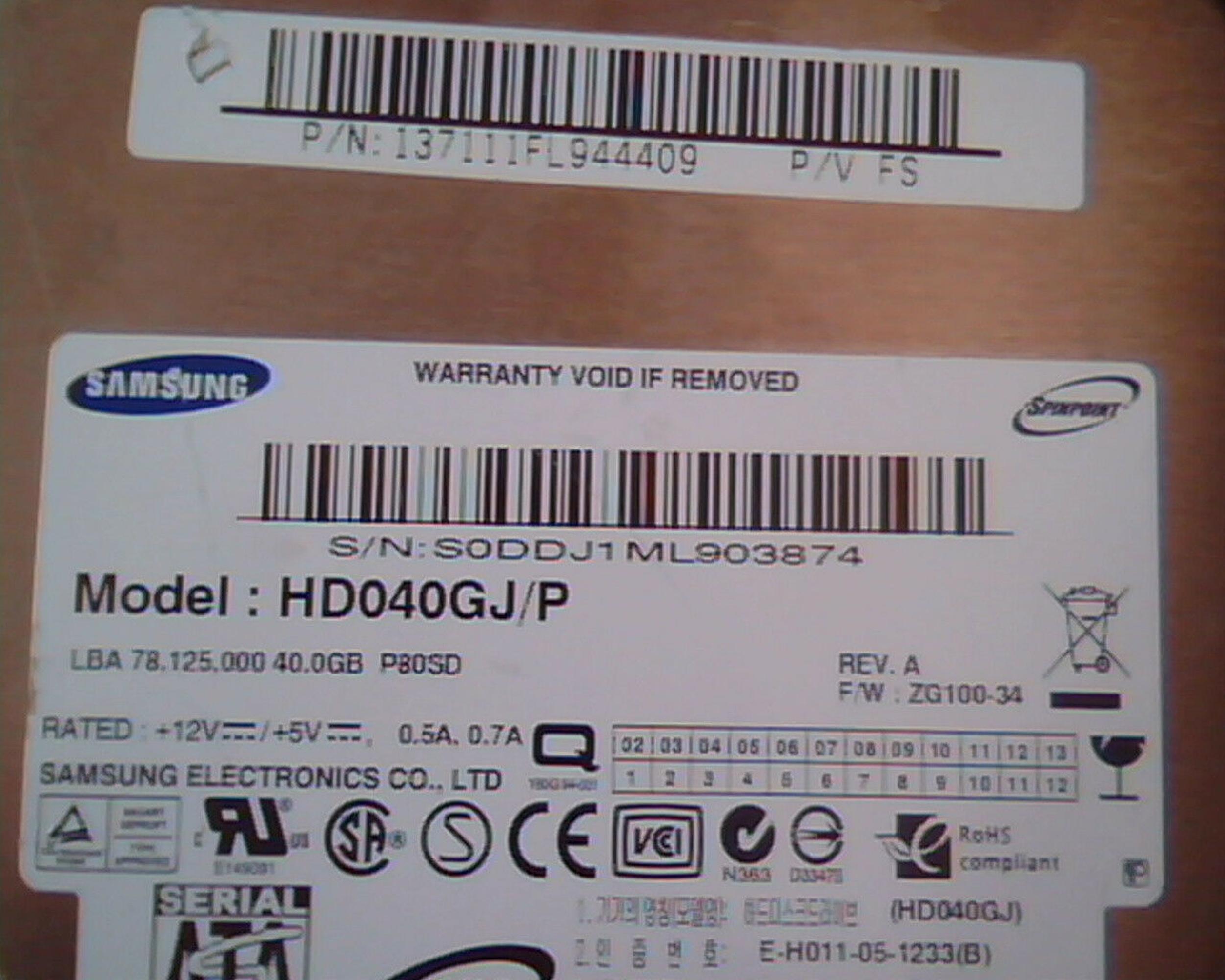 SAMSUNG ZG100-34 40GB SATA HD REV A F/W ZG100-34 DATE 2006.06