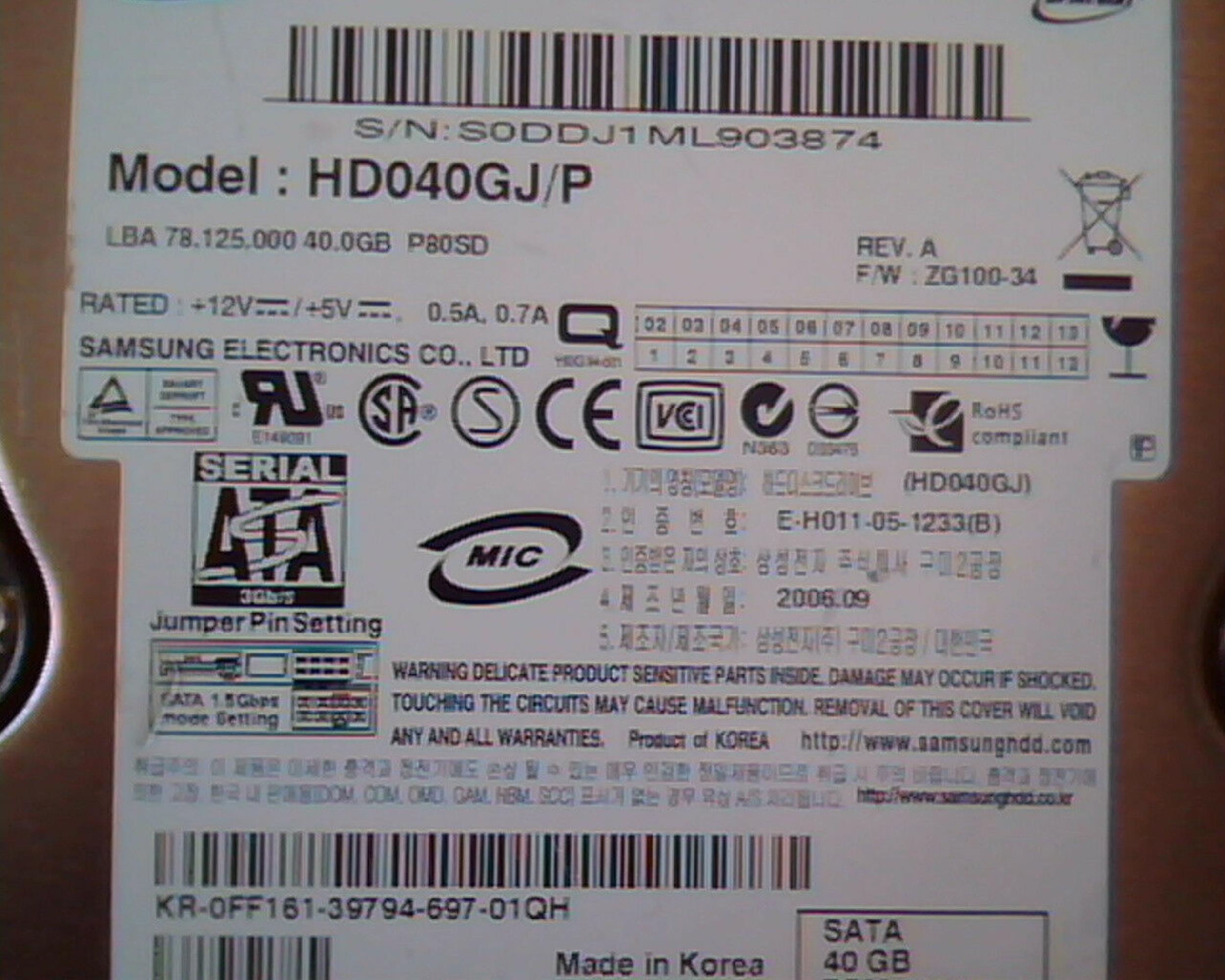 SAMSUNG ZG100-34 40GB SATA HD REV A F/W ZG100-34 DATE 2006.06