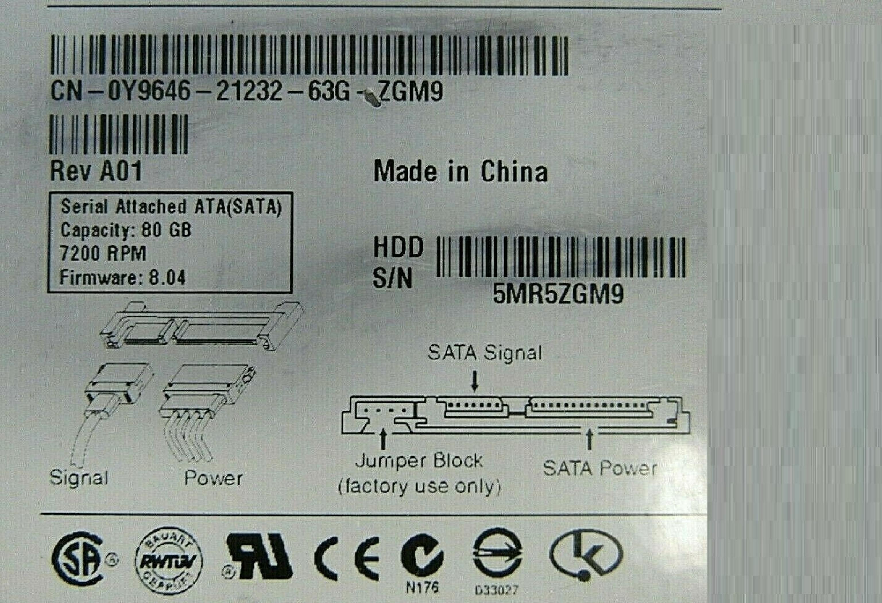 SEAGATE / WESTERN DIGITAL / WD 9W2732-133 80GB SATA HD CONFIG EXC-01 FIRMWARE 8.04 DATE 06313 SITE WU REV A01 BARRACUDA 06323 06303 06324 06302 06346