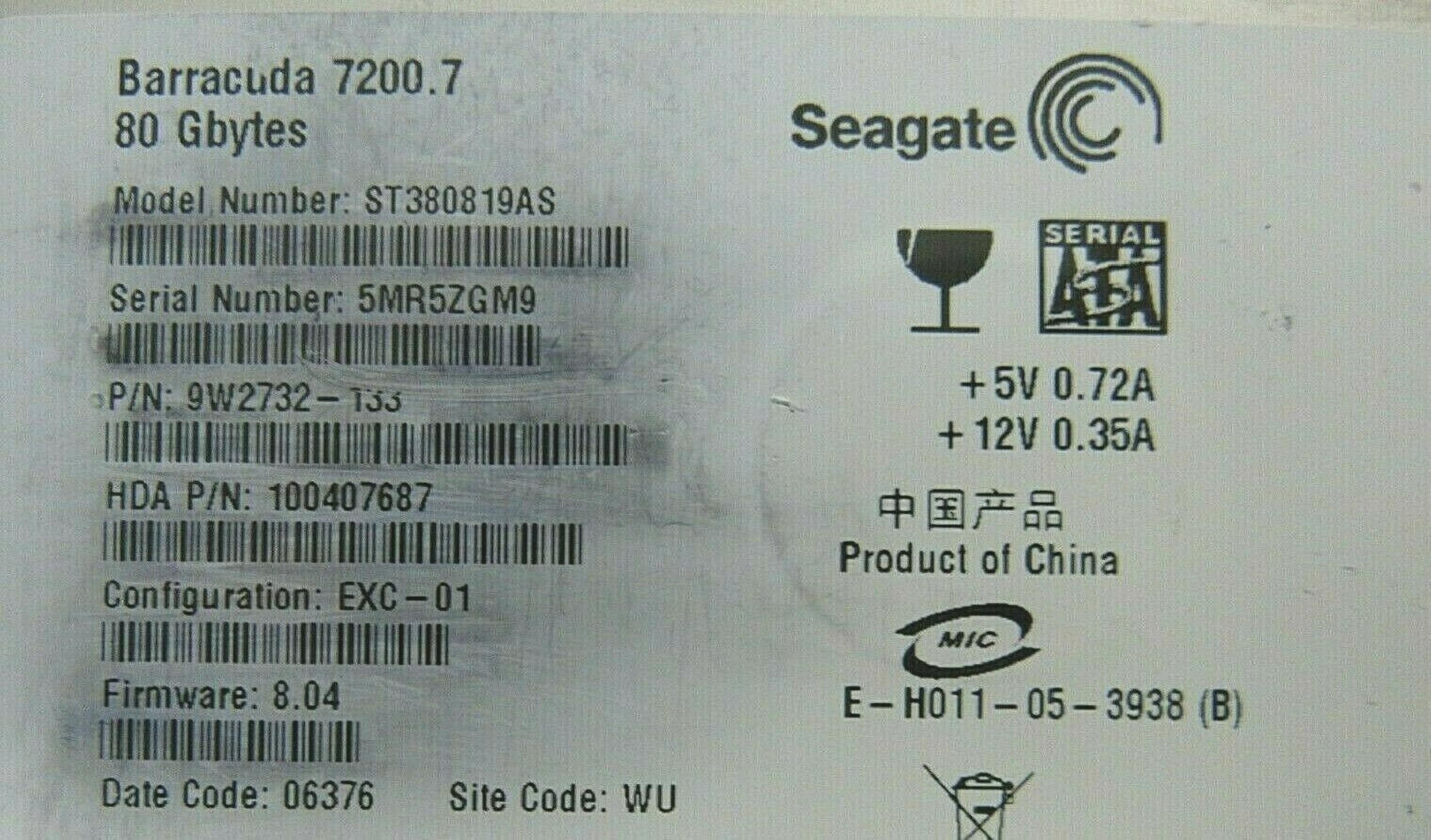 SEAGATE / WESTERN DIGITAL / WD 9W2732-133 80GB SATA HD CONFIG EXC-01 FIRMWARE 8.04 DATE 06313 SITE WU REV A01 BARRACUDA 06323 06303 06324 06302 06346