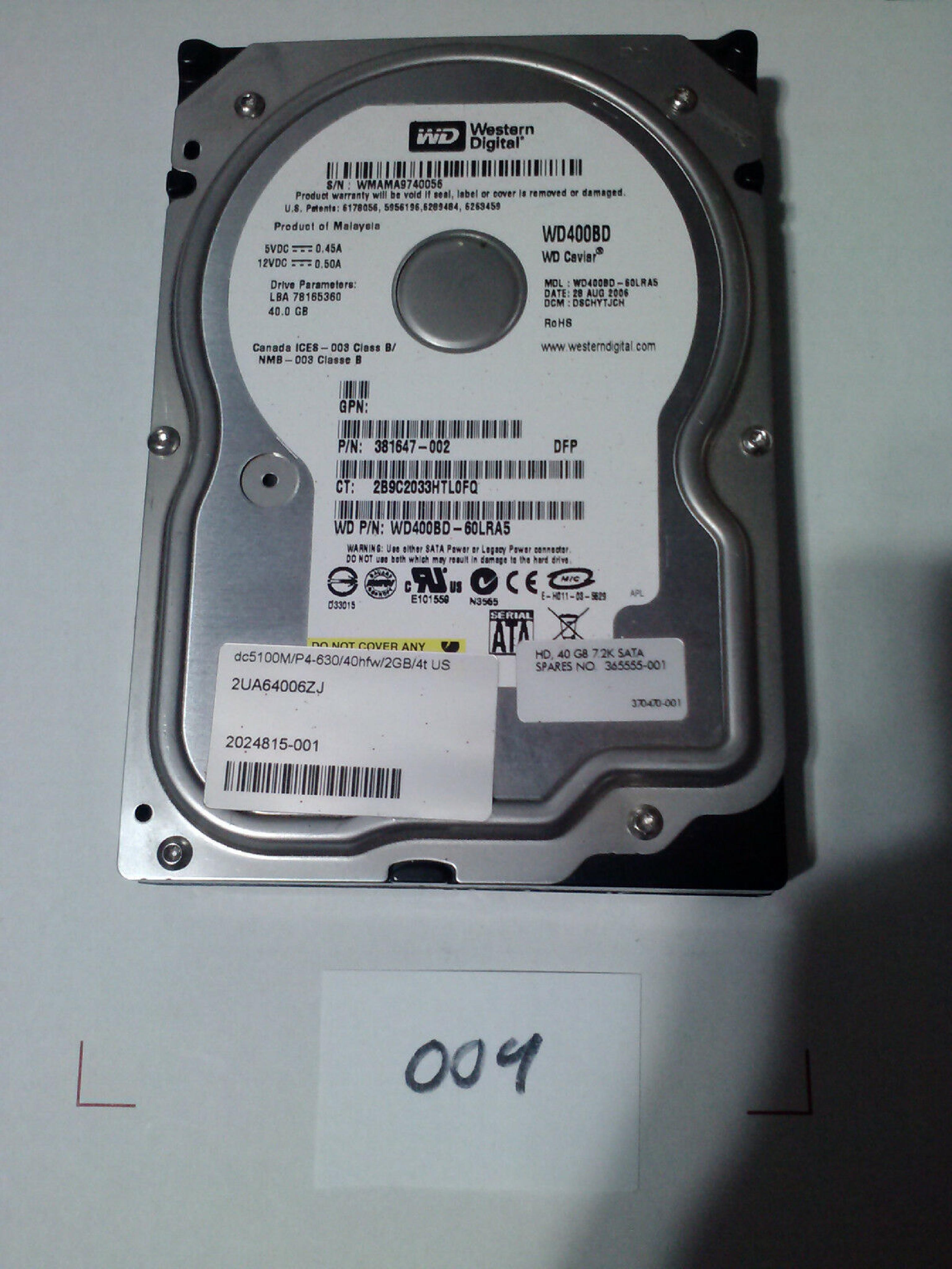 WESTERN DIGITAL / WD WD400BD 40GB SATA HD DATE 24 JUL 2006 DCM HSCACTJCA REV A00 CAVIAR 29 NOV HSBANTJCH 05 SEP 27 MAR 2007 ESBHYTJEH 13 ESBHCTJCH 28 HSBHNTJCH ESBACTJCA ESCACTJCH