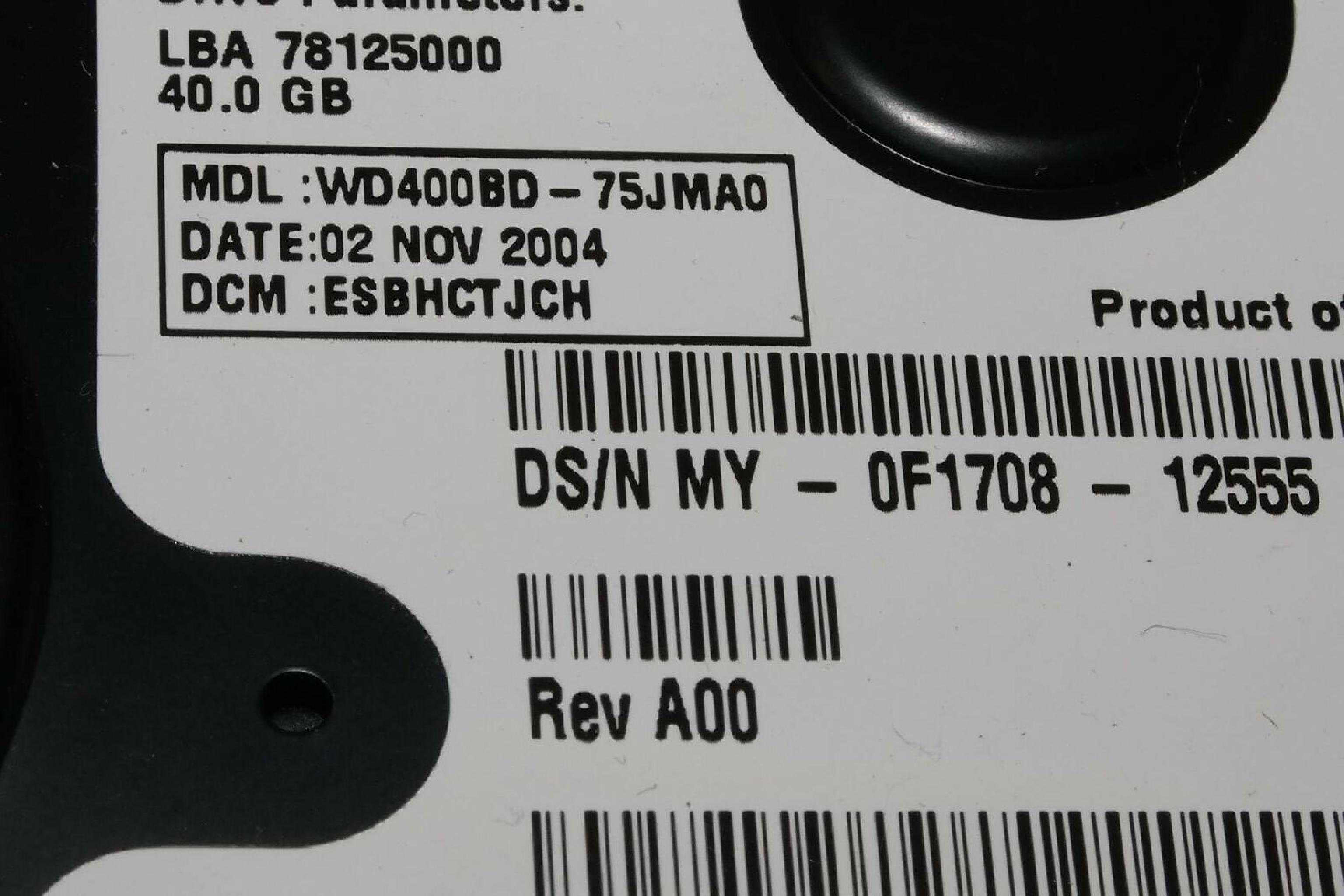 WESTERN DIGITAL / WD WD400BD 40GB SATA HD DATE 24 JUL 2006 DCM HSCACTJCA REV A00 CAVIAR 29 NOV HSBANTJCH 05 SEP 27 MAR 2007 ESBHYTJEH 13 ESBHCTJCH 28 HSBHNTJCH ESBACTJCA ESCACTJCH