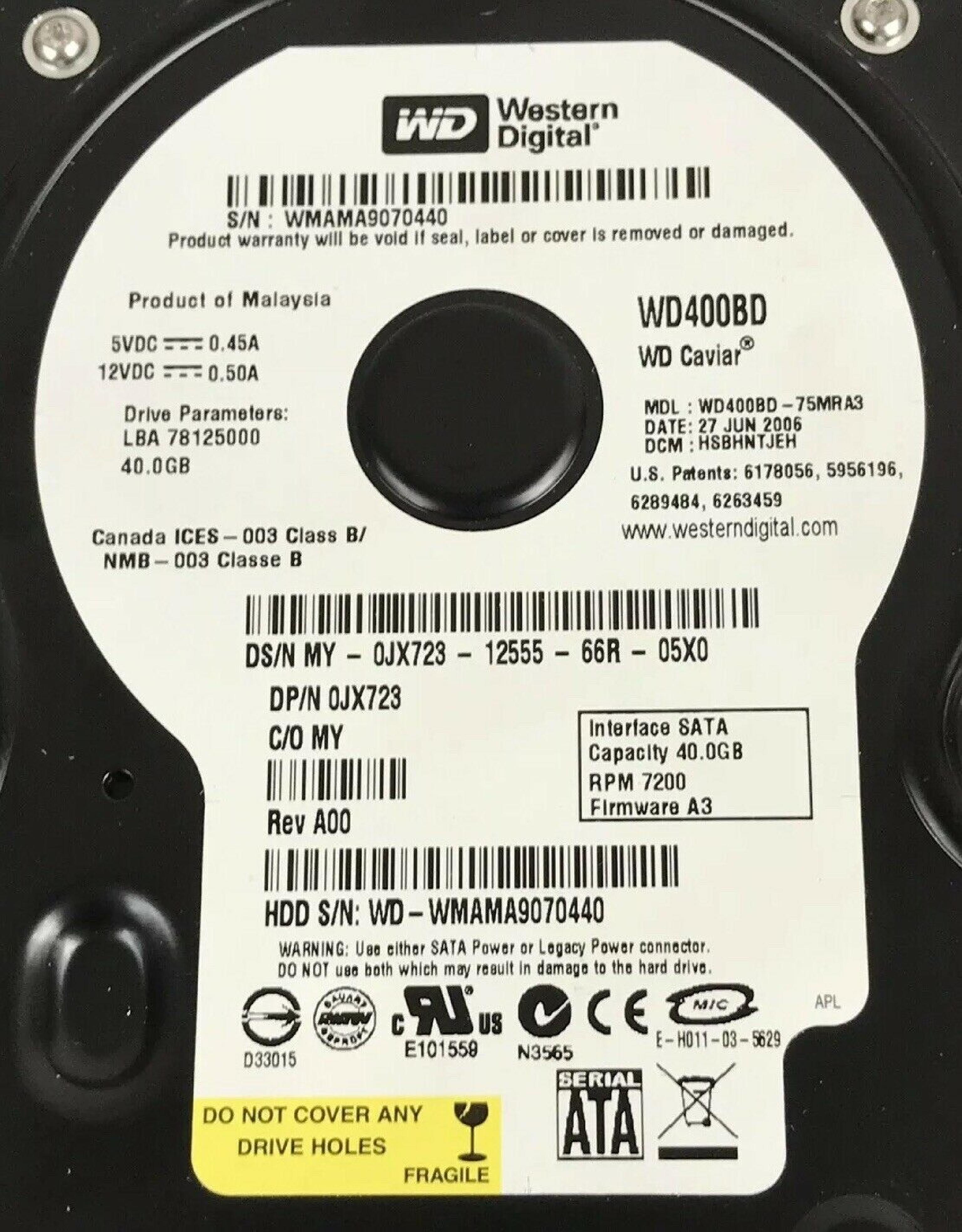 WESTERN DIGITAL / WD WD400BD-75MRA3 40GB SATA HD DATE 24 JUL 2006 DCM HSCACTJCA REV A00 CAVIAR 29 NOV HSBANTJCH 05 SEP 27 MAR 2007 ESBHYTJEH 13 ESBHCTJCH 28 HSBHNTJCH ESBACTJCA ESCACTJCH