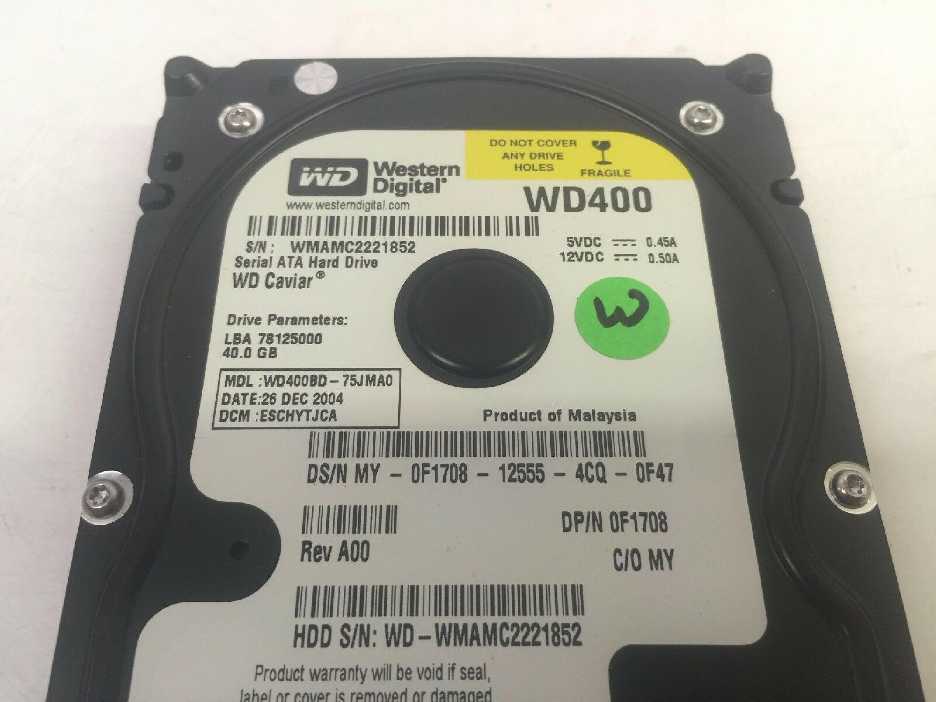 WESTERN DIGITAL / WD WD400BD-75JMA0 40GB SATA HD DATE 08 JAN 2005 DCM HSCHYTJCH REV A00 CAVIAR