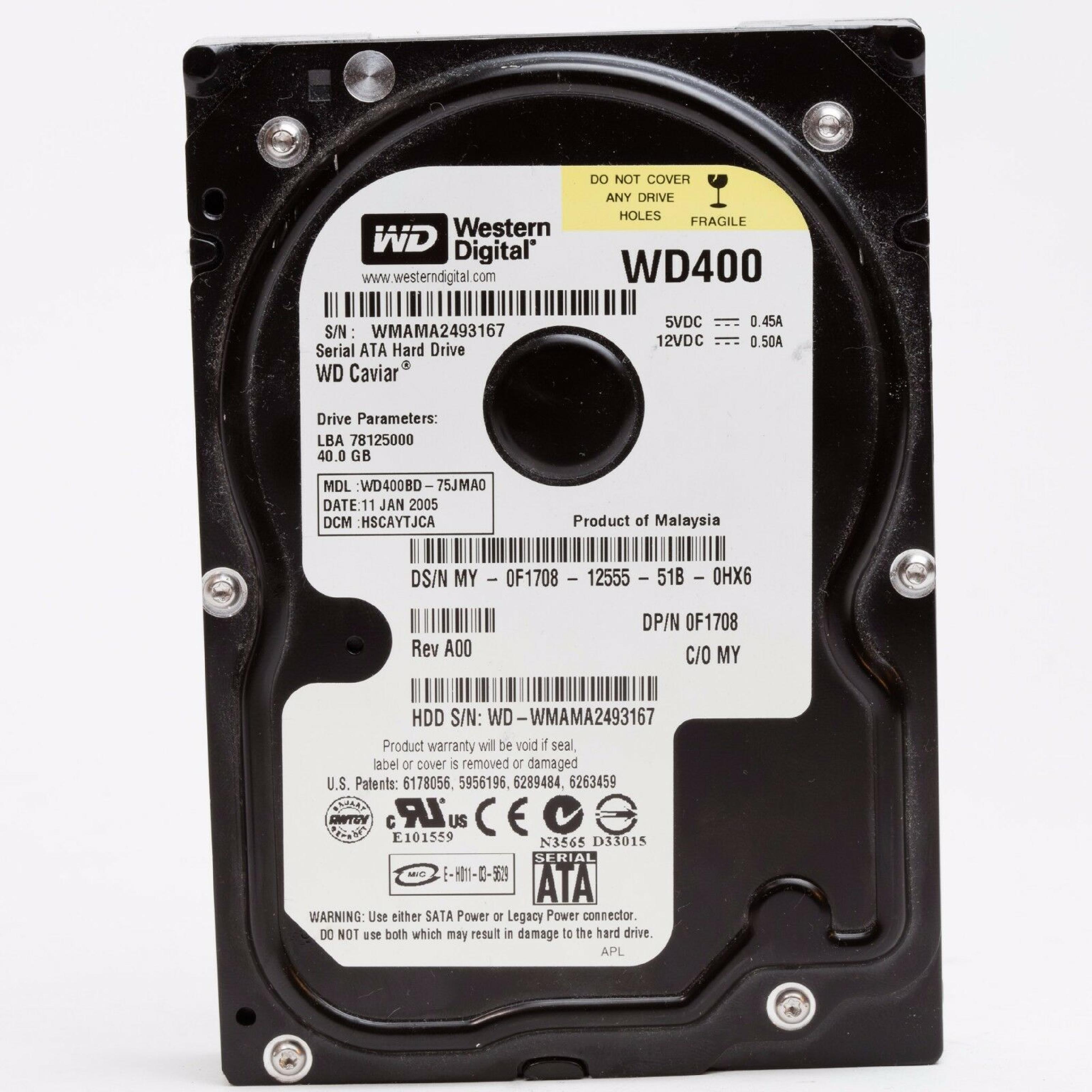 WESTERN DIGITAL / WD WD400BD-75JMA0 40GB SATA HD DATE 08 JAN 2005 DCM HSCHYTJCH REV A00 CAVIAR