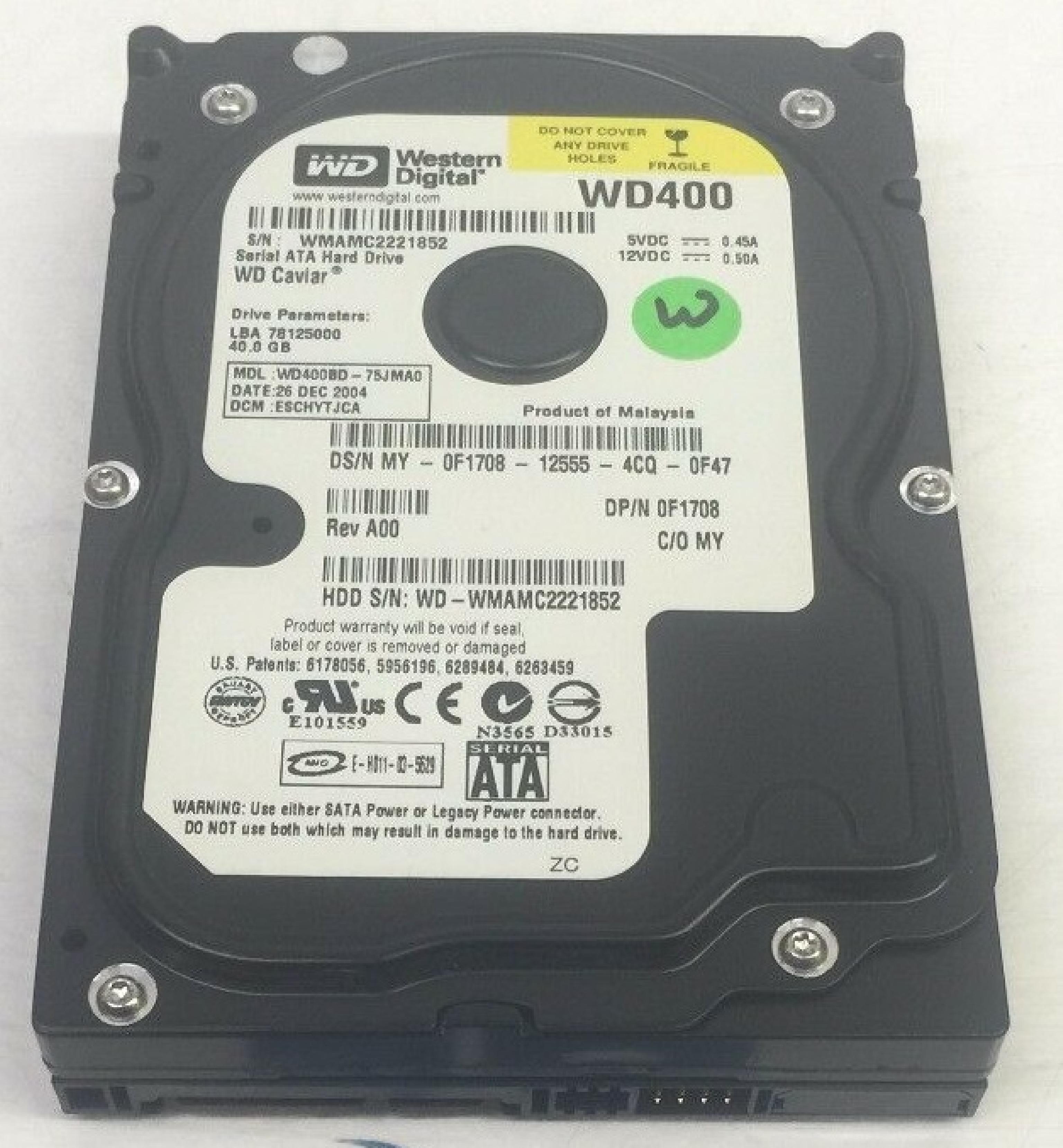 WESTERN DIGITAL / WD WD400BD-75JMA0 40GB SATA HD DATE 08 JAN 2005 DCM HSCHYTJCH REV A00 CAVIAR