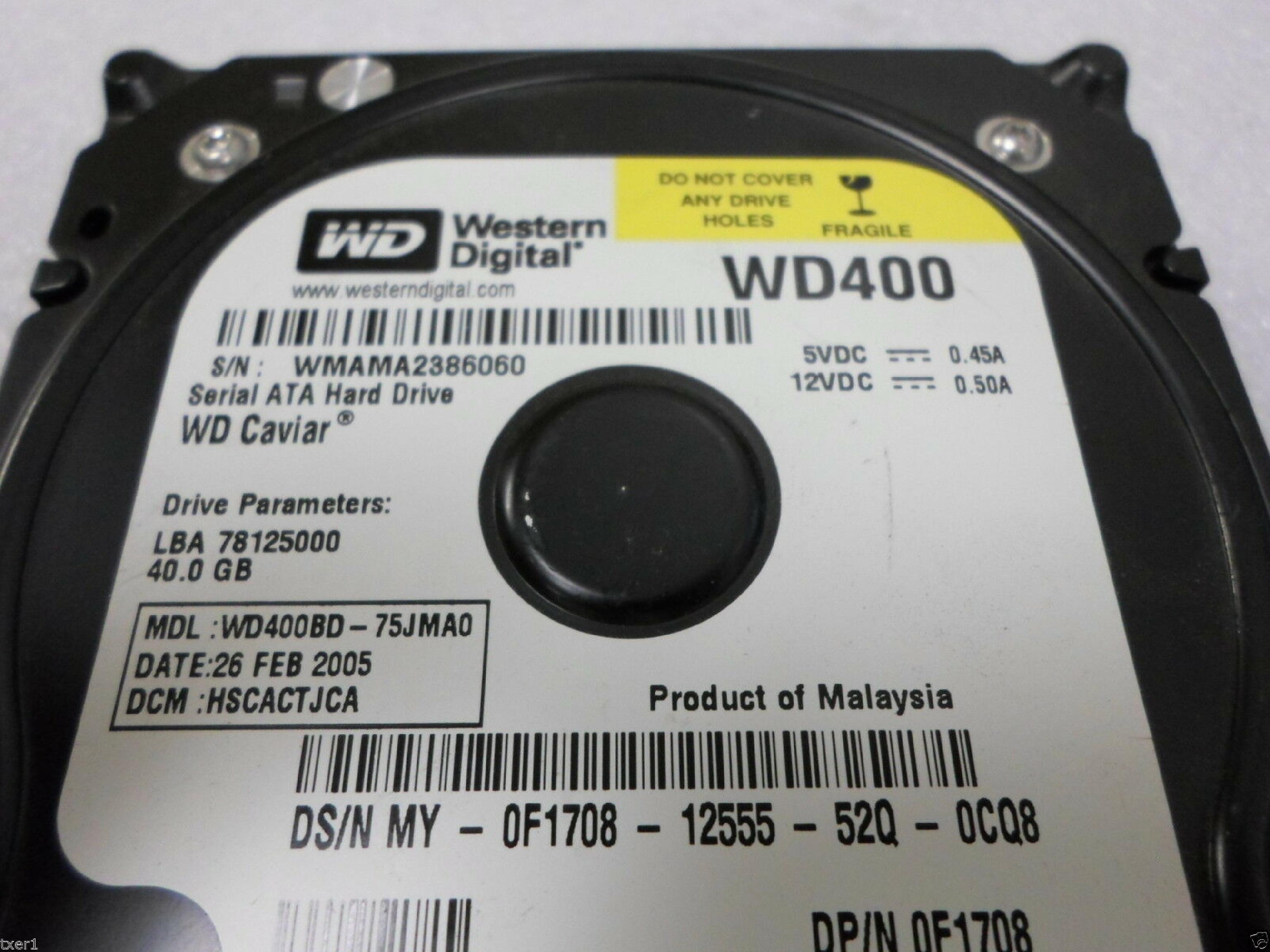 WESTERN DIGITAL / WD 0F1708 40GB SATA HD DATE 08 JAN 2005 DCM HSCHYTJCH REV A00 CAVIAR