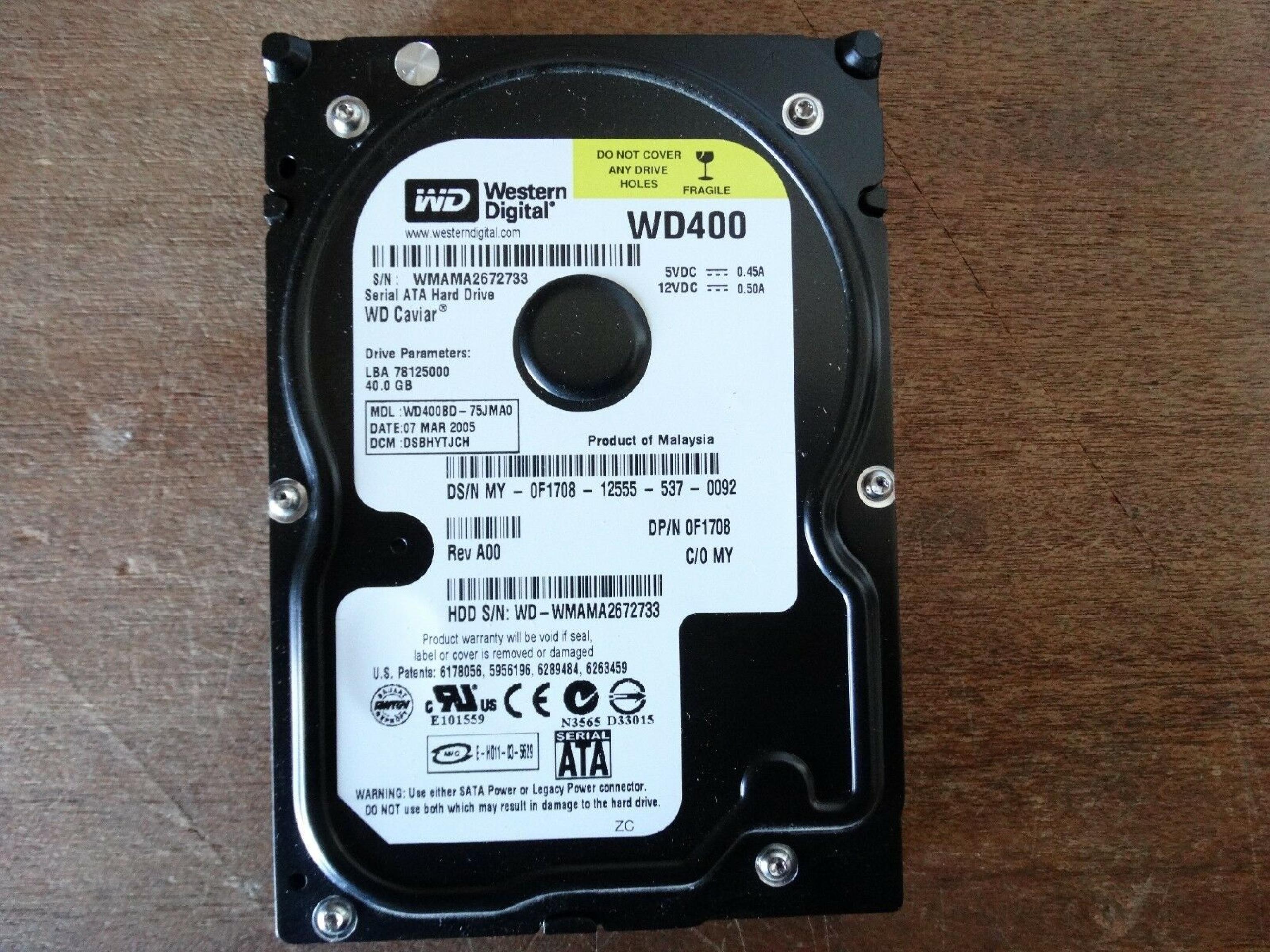 WESTERN DIGITAL / WD 0F1708 40GB SATA HD DATE 08 JAN 2005 DCM HSCHYTJCH REV A00 CAVIAR