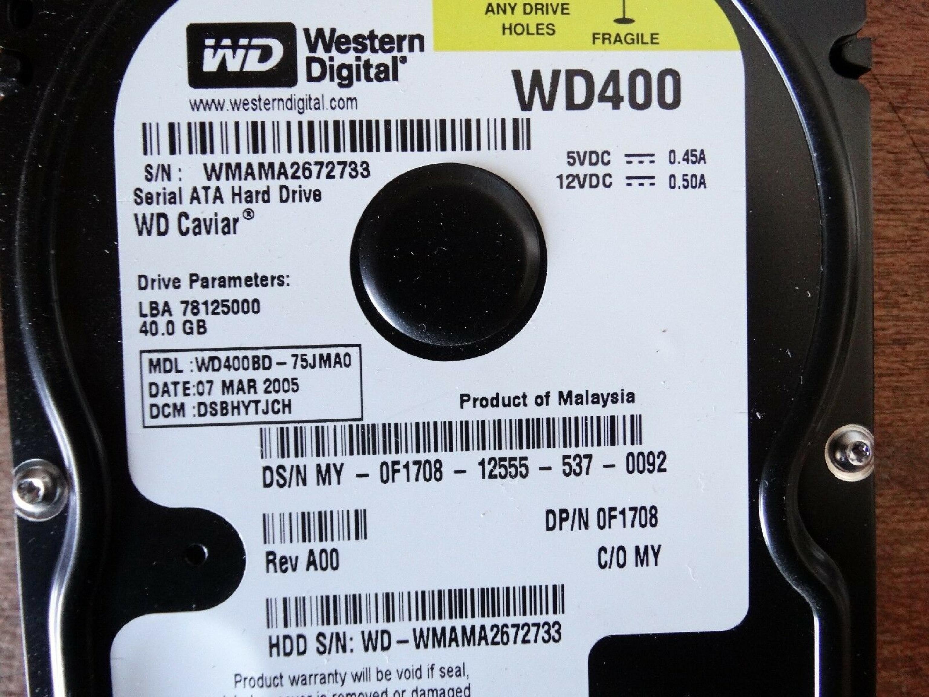 WESTERN DIGITAL / WD 0F1708 40GB SATA HD DATE 08 JAN 2005 DCM HSCHYTJCH REV A00 CAVIAR