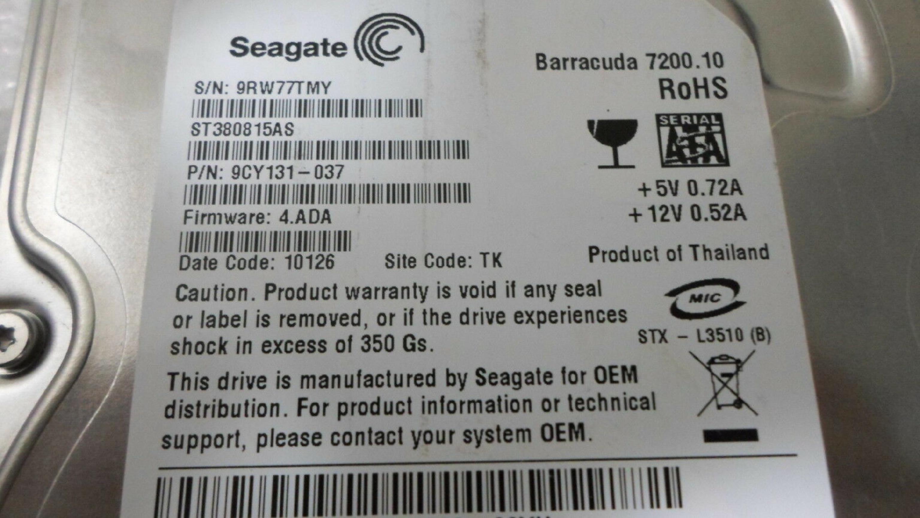 SEAGATE ST380815AS 80GB SATA HD FIRMWARE 4.ADA DATE 09236 SITE TK REV A01 BARRACUDA DRIVE 3.CHF 08043 CODE 09025