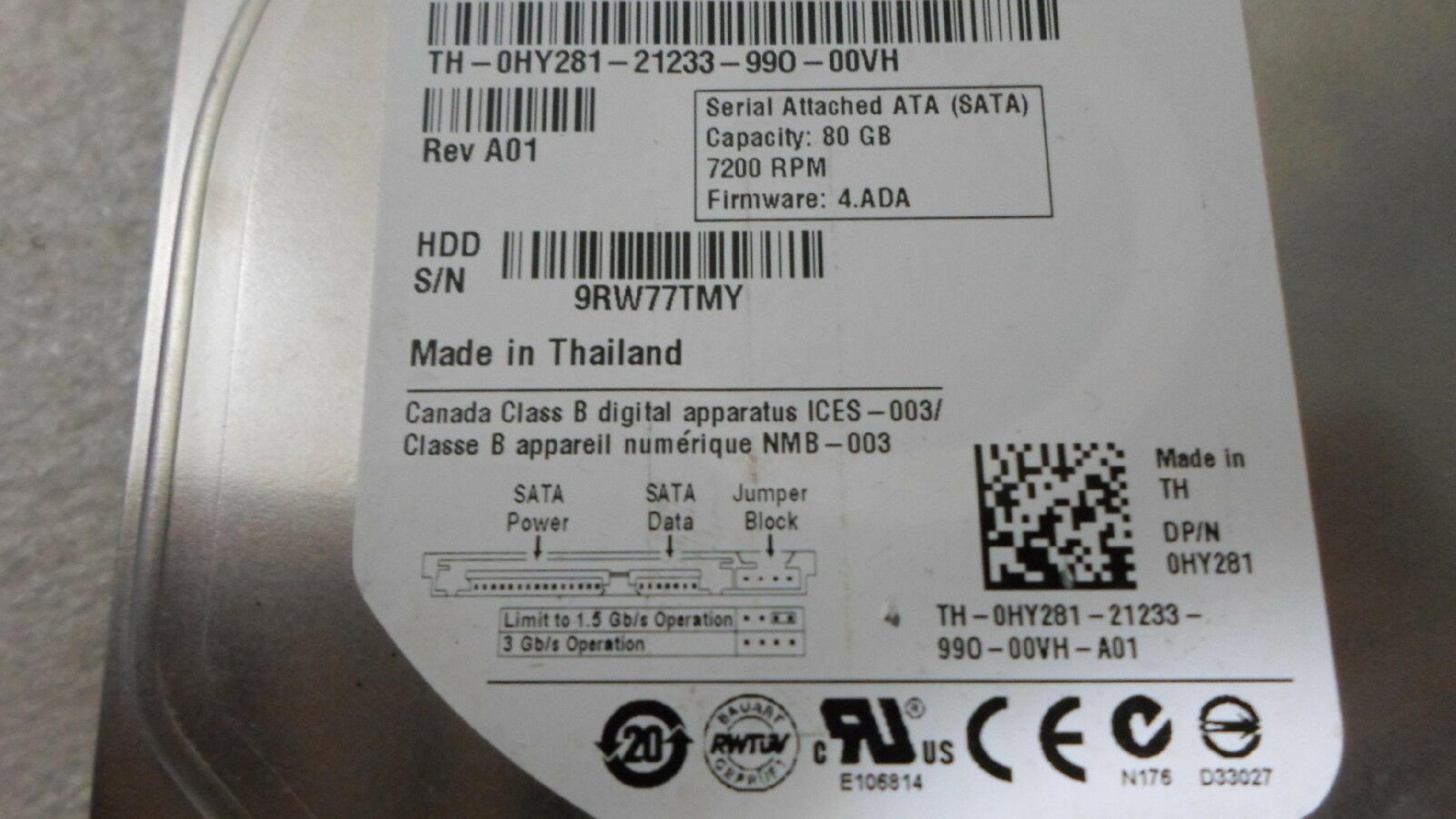 SEAGATE ST380815AS 80GB SATA HD FIRMWARE 4.ADA DATE 09236 SITE TK REV A01 BARRACUDA DRIVE 3.CHF 08043 CODE 09025