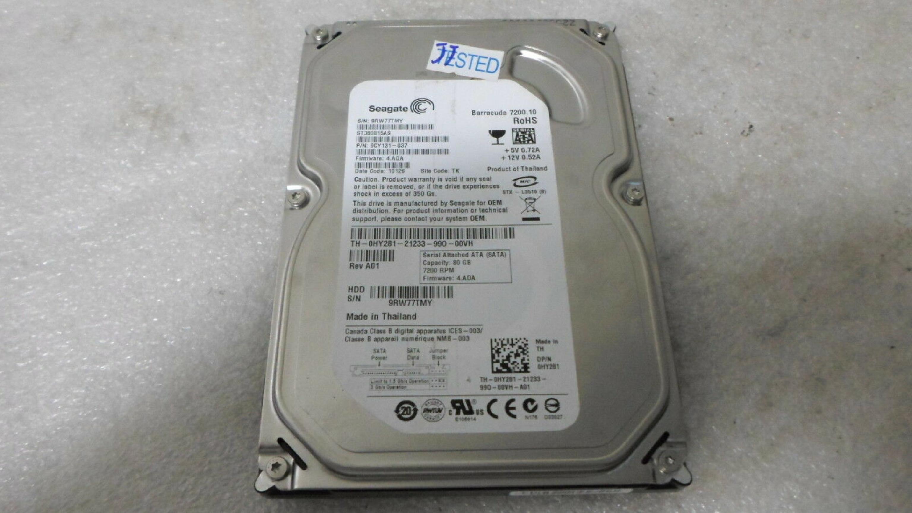 SEAGATE ST380815AS 80GB SATA HD FIRMWARE 4.ADA DATE 09236 SITE TK REV A01 BARRACUDA DRIVE 3.CHF 08043 CODE 09025