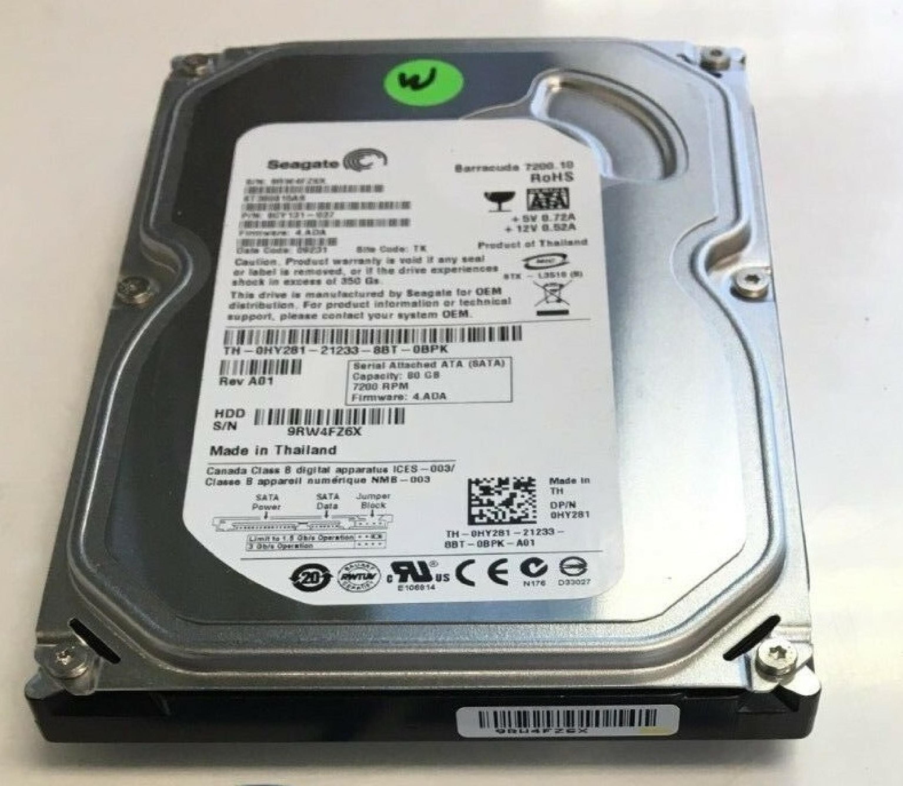 SEAGATE 9CY131-037 80GB SATA HD FIRMWARE 4.ADA DATE 09236 SITE TK REV A01 BARRACUDA