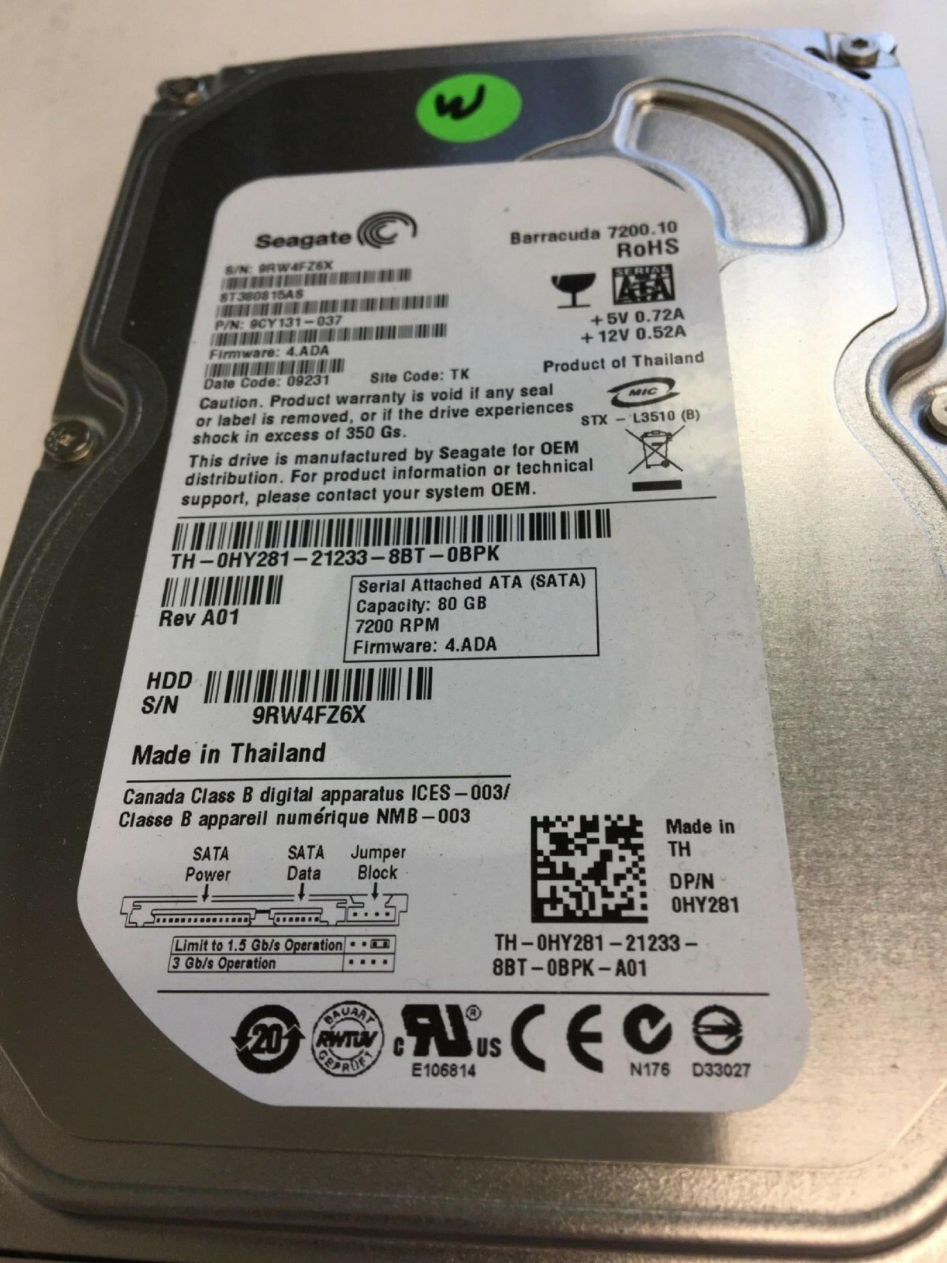 SEAGATE 9CY131-037 80GB SATA HD FIRMWARE 4.ADA DATE 09236 SITE TK REV A01 BARRACUDA