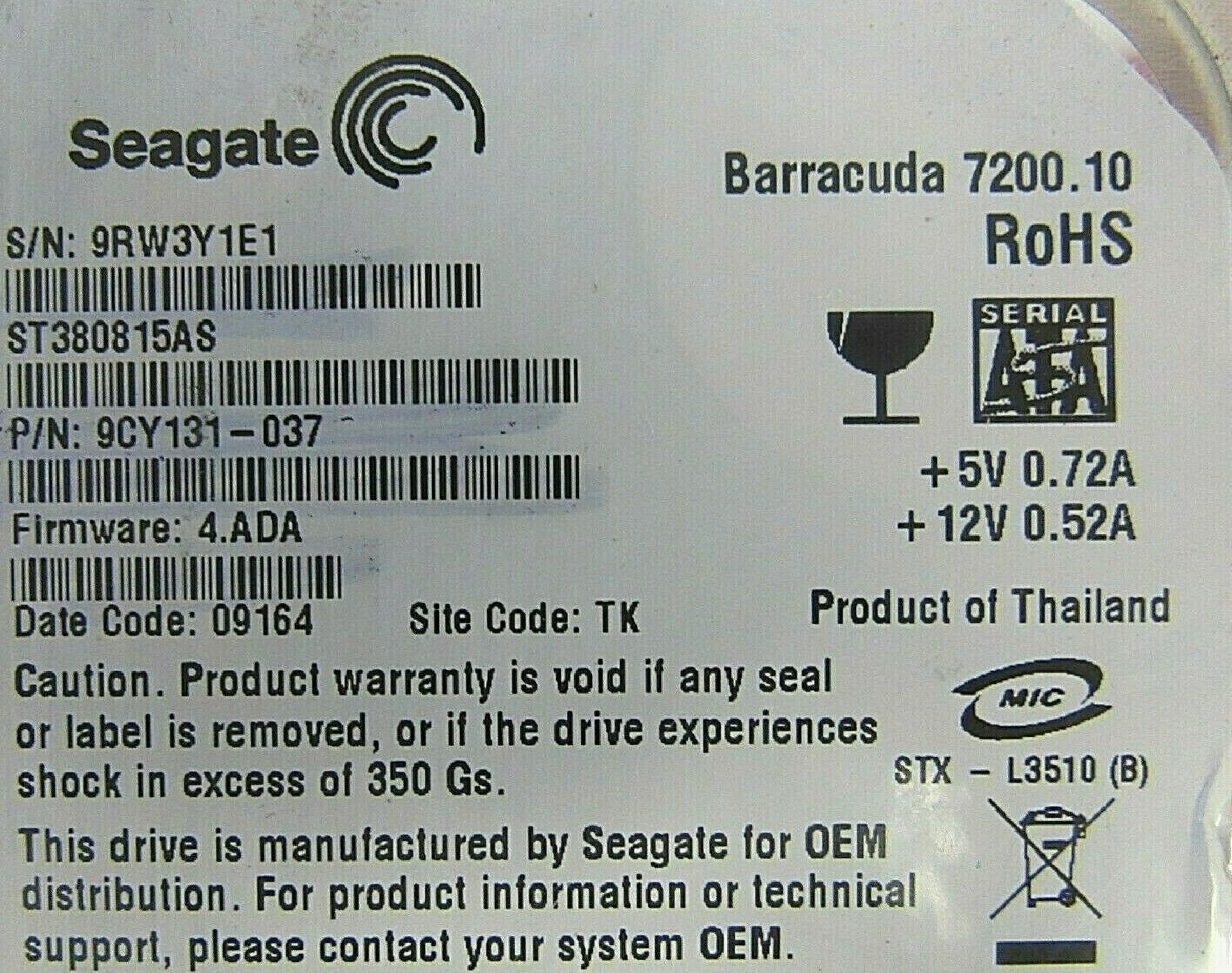 SEAGATE / DELL 0HY281 80GB SATA HD FIRMWARE 4.ADA DATE 09236 SITE TK REV A01 BARRACUDA DRIVE 09025 CODE