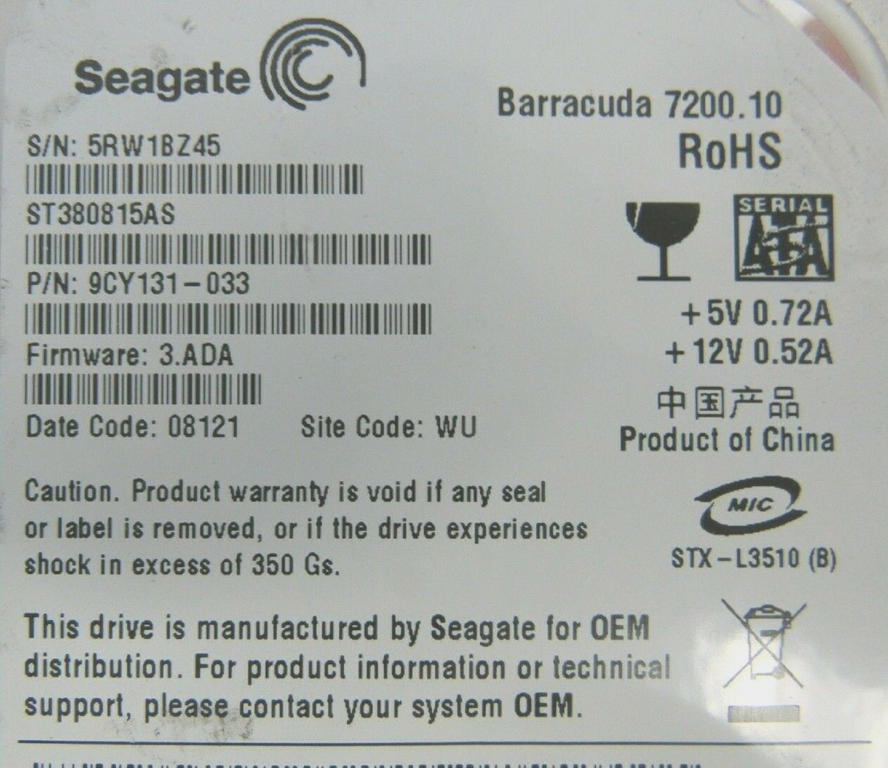 SEAGATE / DELL 0HY281 80GB SATA HD FIRMWARE 4.ADA DATE 09236 SITE TK REV A01 BARRACUDA DRIVE 09025 CODE