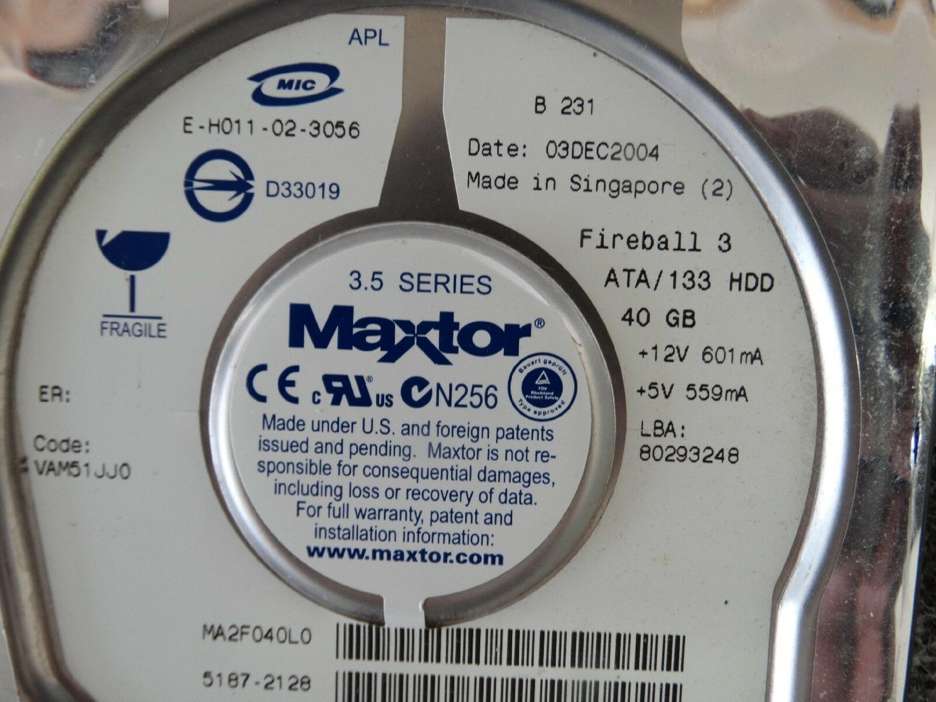 MAXTOR / COMPAQ / HEWLETT PACKARD / HP 294932-005 40GB IDE HD DATE 08OCT2004 NAR61HA0 K, M, B, A DIAMONDMAX PLUS 8 17JUN204 G, 29DEC2004 DRIVE 04FEB2005 K,M,B,A LBA 78165360